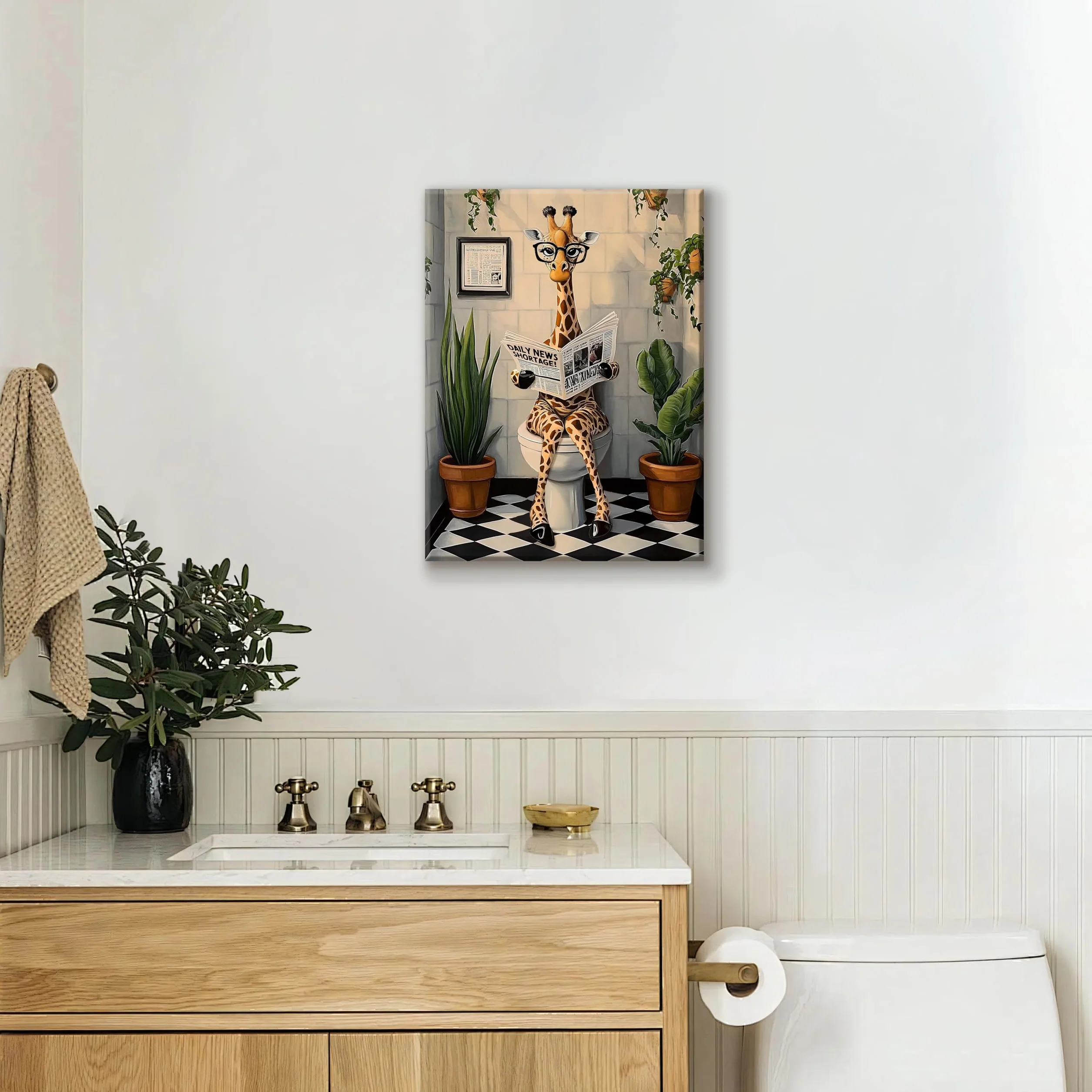 Stampa su tela Con Cornice Divertente Giraffa Pittura Giraffa che Legge il Giornale sul Water Quadri su tela Animali Umorismo Quadri Moderni Bagno Vasca da Bagno WC Stampe da Parete 30x40cm