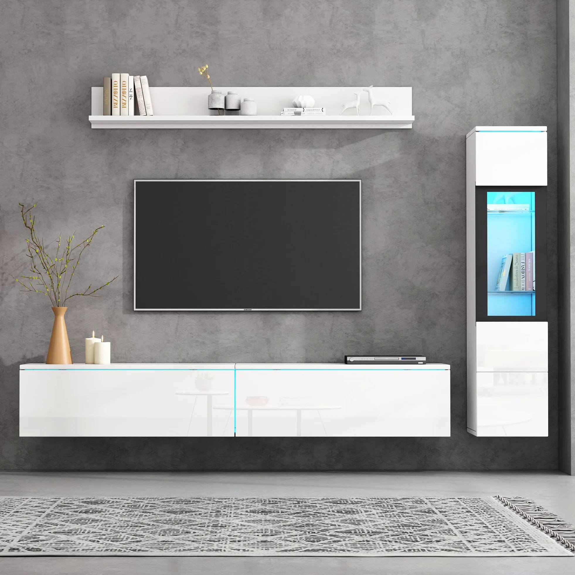 KAZZIO Set da parete per TV, 3 pezzi, illuminazione a LED, lucido, per soggiorno, 1 armadio per TV, 1 vetrina per soggiorno, 1 mensola da appendere (bianco)