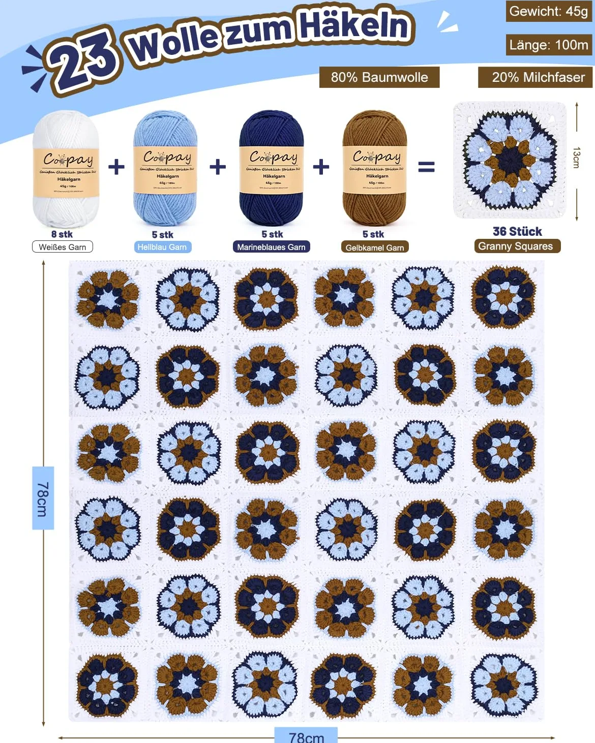 Coopay Granny Square - Set di uncinetti per principianti e professionisti, set completo per uncinetto con filato per uncinetto, istruzioni (lingua italiana non garantita), video tutorial, set di