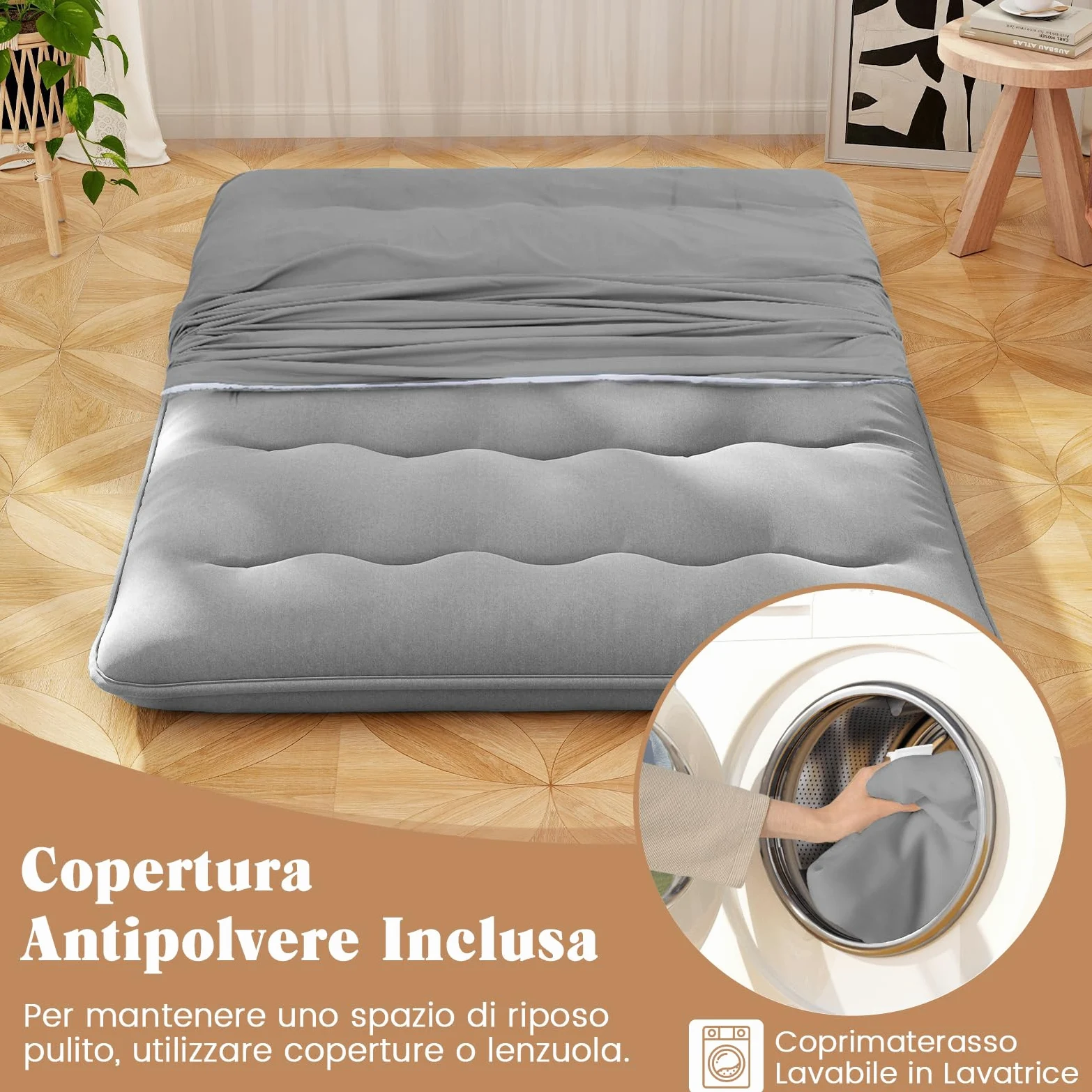 COSTWAY Materasso Futon Pieghevole, Materasso Portatile con Sacca da Trasporto per Camping, Materasso da Terra con Copertura Lavabile (Grigio,200 x 140 cm)