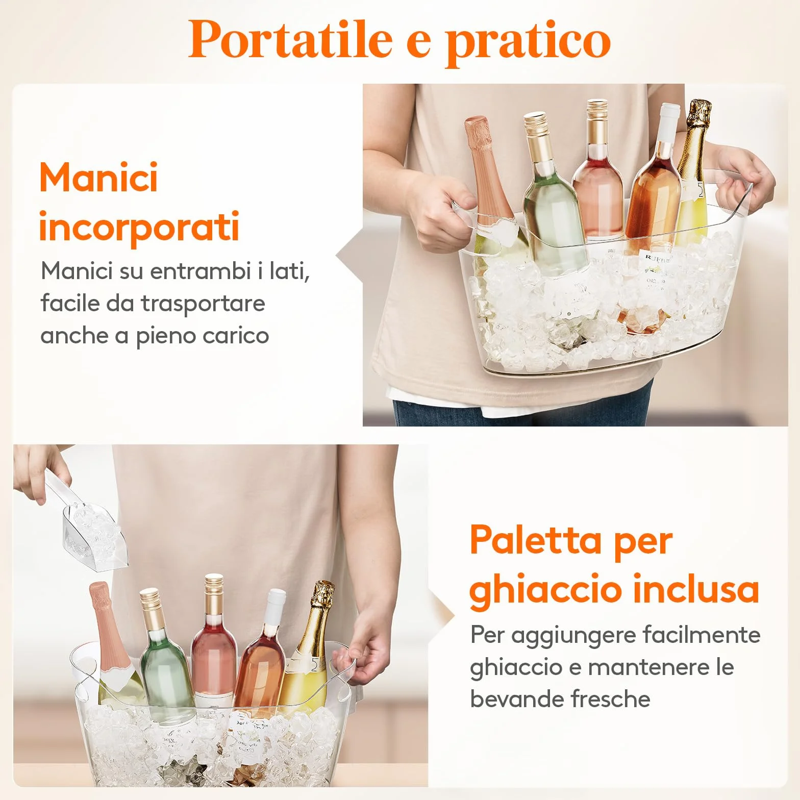 Lifewit Secchiello Ghiaccio Grande 6.5L Portatile con Cucchiaio, Cestello per Bottiglie Plastica, 38x18x20 cm, Set di 2