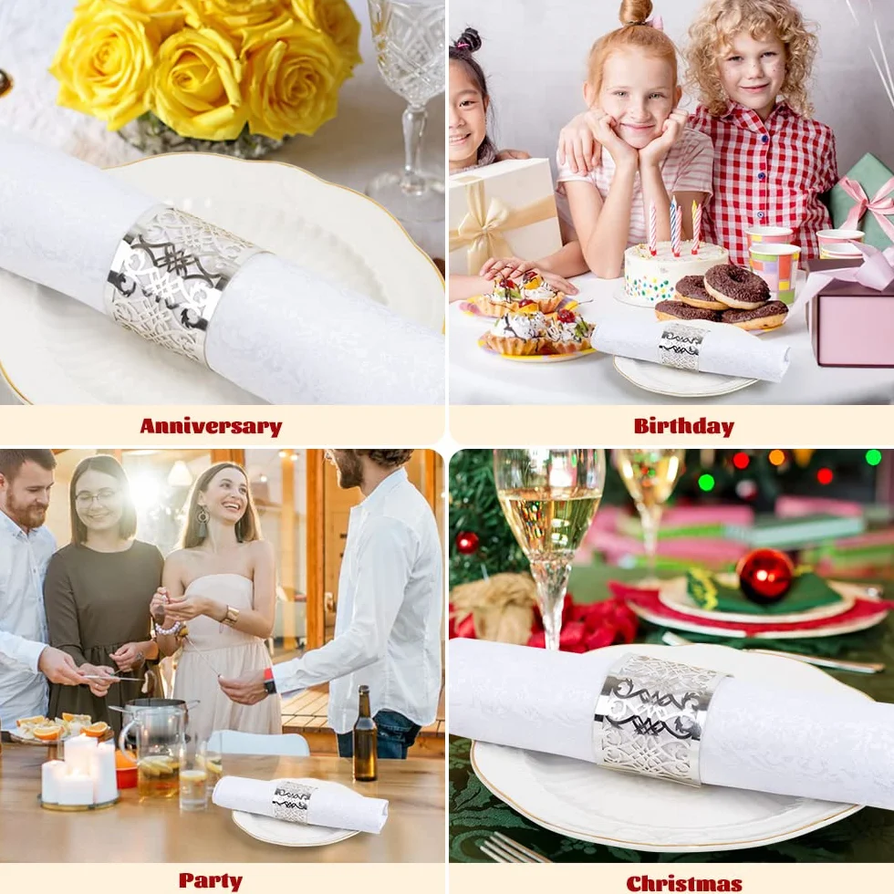 100 Pezzi Anelli Portatovagliolo,Anelli di Tovagliolo 3D di Carta,Portatovaglioli da Tavola,Anelli per tovaglioli per Compleanno Battesimo Matrimonio Cene,Banchetti(Argento)