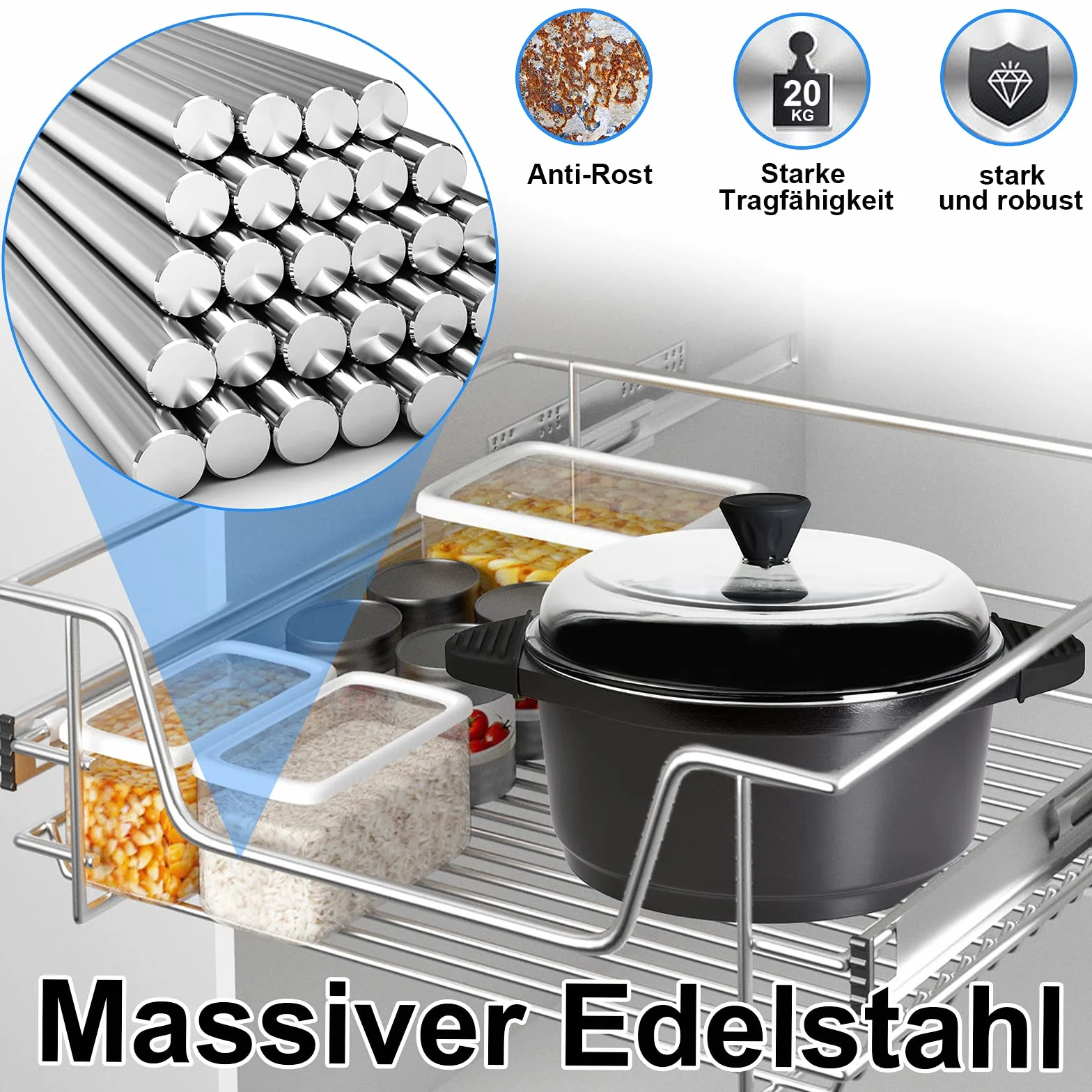UISEBRT 4X Cassetto Telescopico Cucina 60cm - Mobili Cucina Cestello con Binario (60cm)