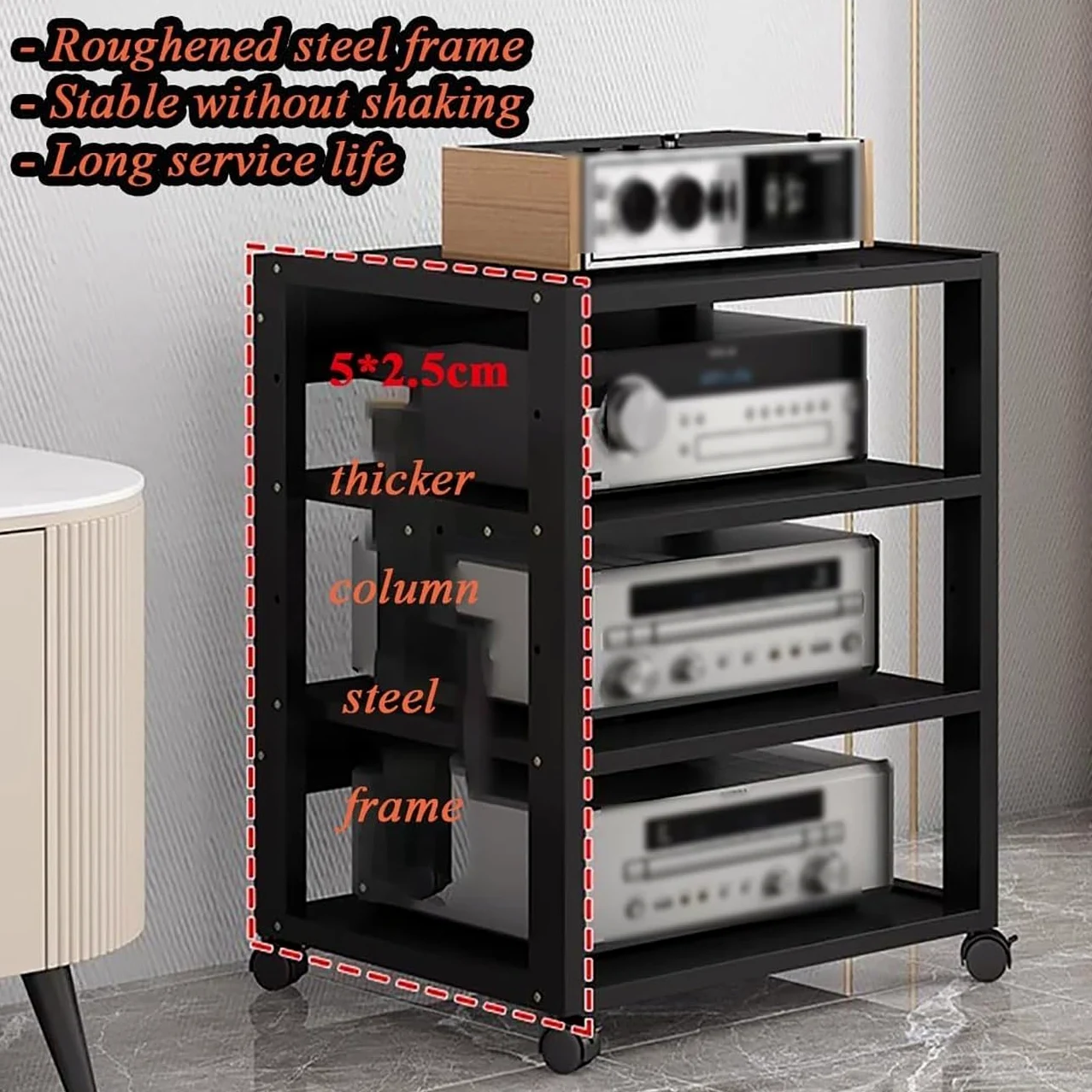 Generico Rack Audio Mobile con Ruote Universali,Mobiletto Portaoggetti Stereo Audio A 7 Ripiani,Mobile Stereo Hi Fi Rack HiFi per Soggiorno, Ufficio, Home Theater,Supporto TV Angolare(Nero)