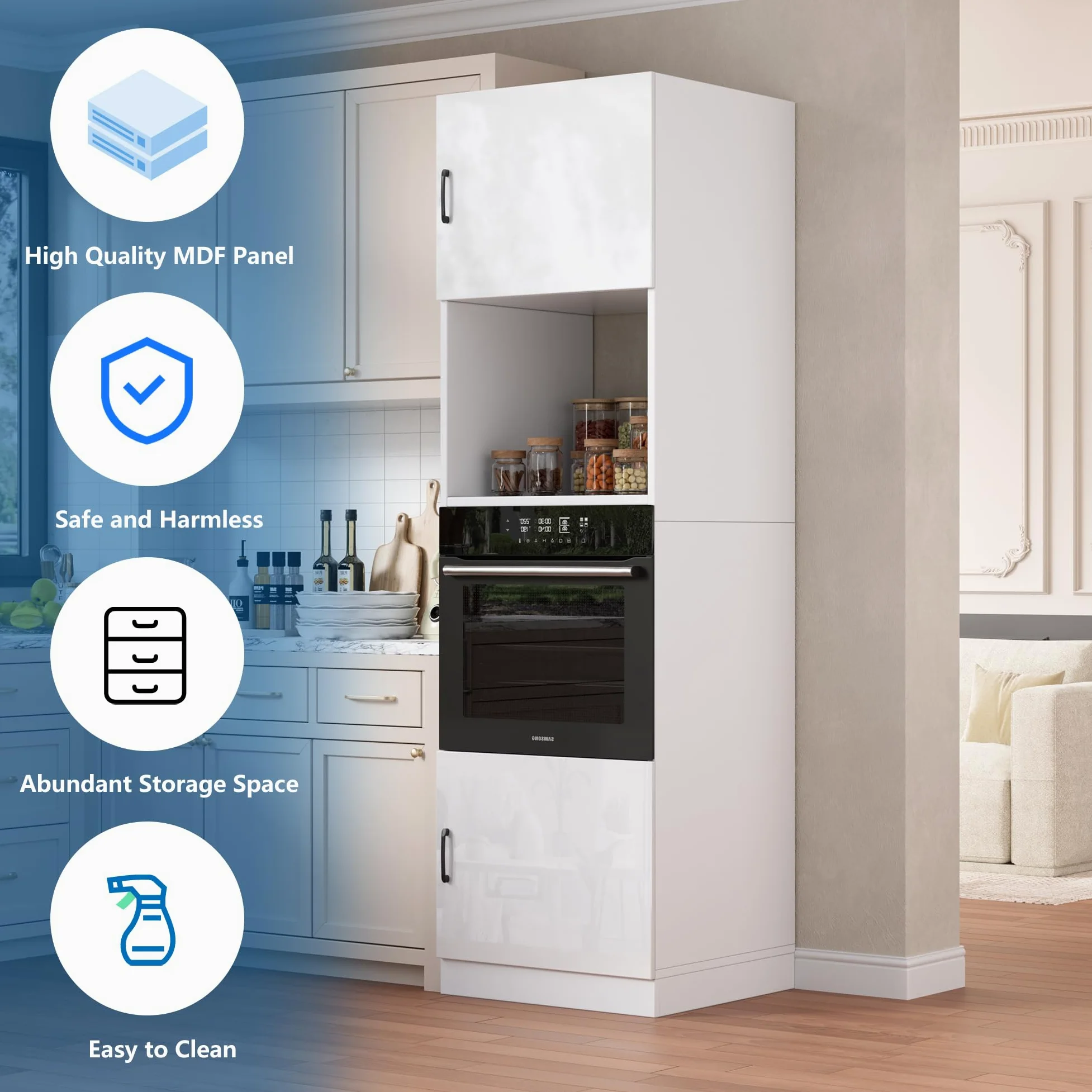 MSFE Colonna Forno e Microonde da Incasso,Mobile Alto da Cucina 60 * 57.2 * 207cm,Mobile Cucina Salvaspazio in Legno,Cucina a Buffet con 2 Ante e 2 Ripiani Bianco Lucido,Spedito in 2 Pacchi