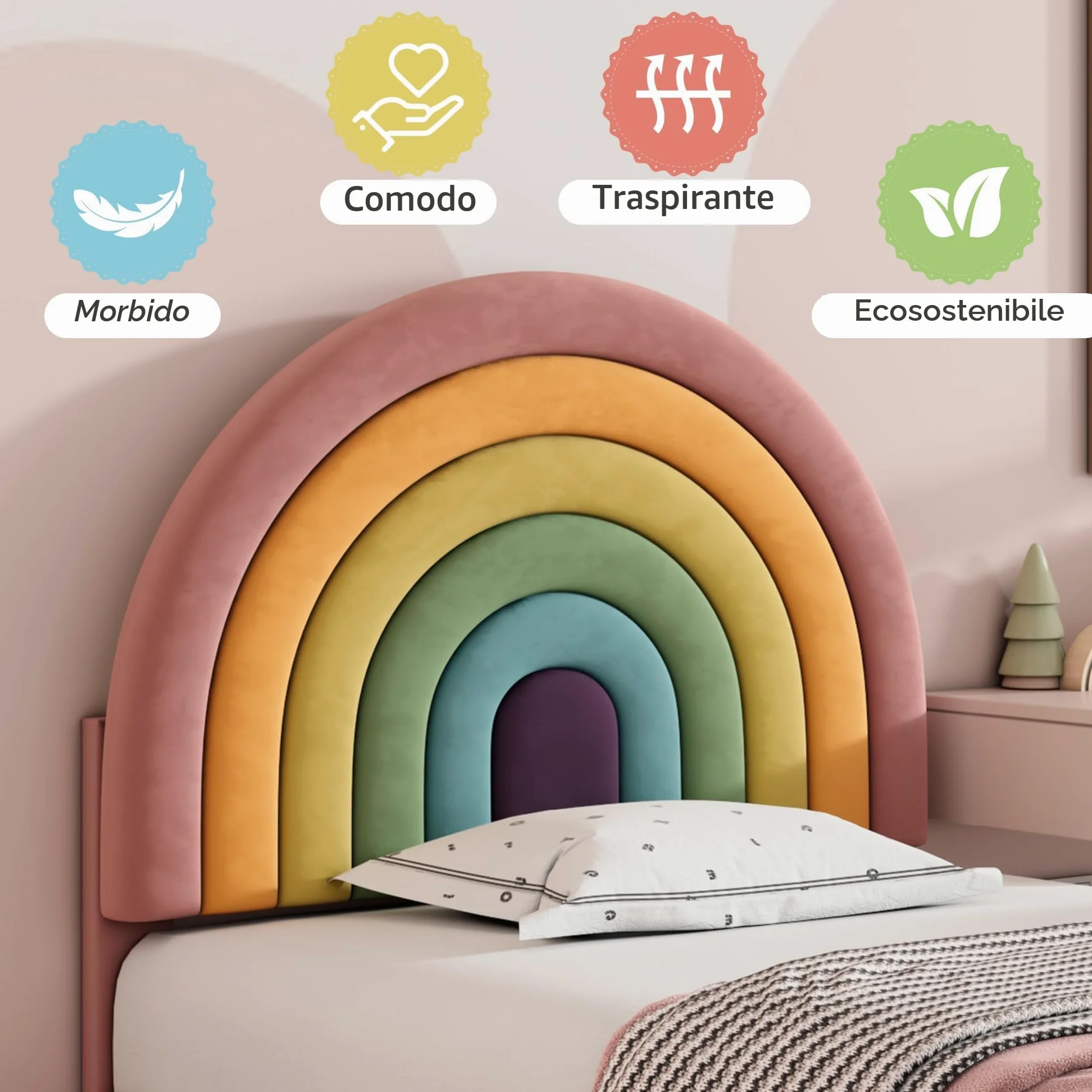Azkoeesy Letto singolo imbottito per bambini e bambina, 90 x 200 cm, testiera arcobaleno, rivestimento in velluto, rosa