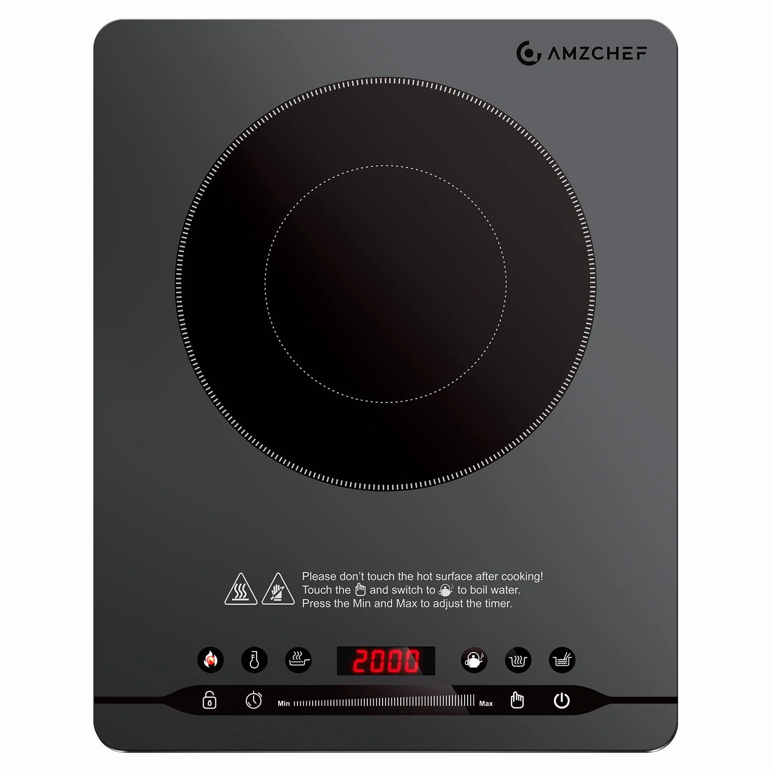 AMZCHEF 2000W Piastra Induzione 1 Fuoco, Piano Cottura Induzione Portatile, 4cm Design Sottile, Funzionamento Silenzioso (≤42dB), 9 Livelli di Potenza e Temperatura, 4 Programmi Automatici, Grigio