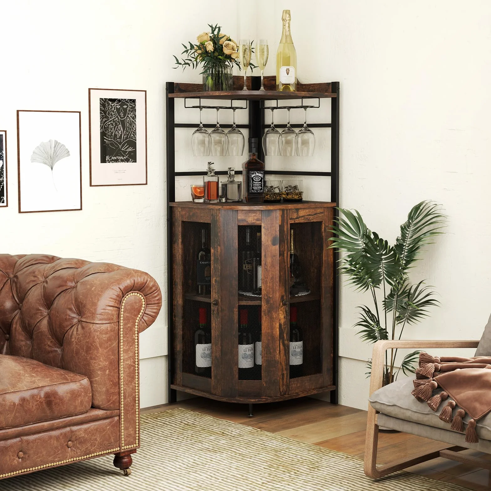 GIANTEX Armadietto Angolare Industriale Da Bar Con Supporto In Vetro, Armadietto Da Vino Con Ripiano Regolabile, Portabottiglie Vino Da Cucina Con Protezione, 130x47,5x47,5 cm (Marrone)