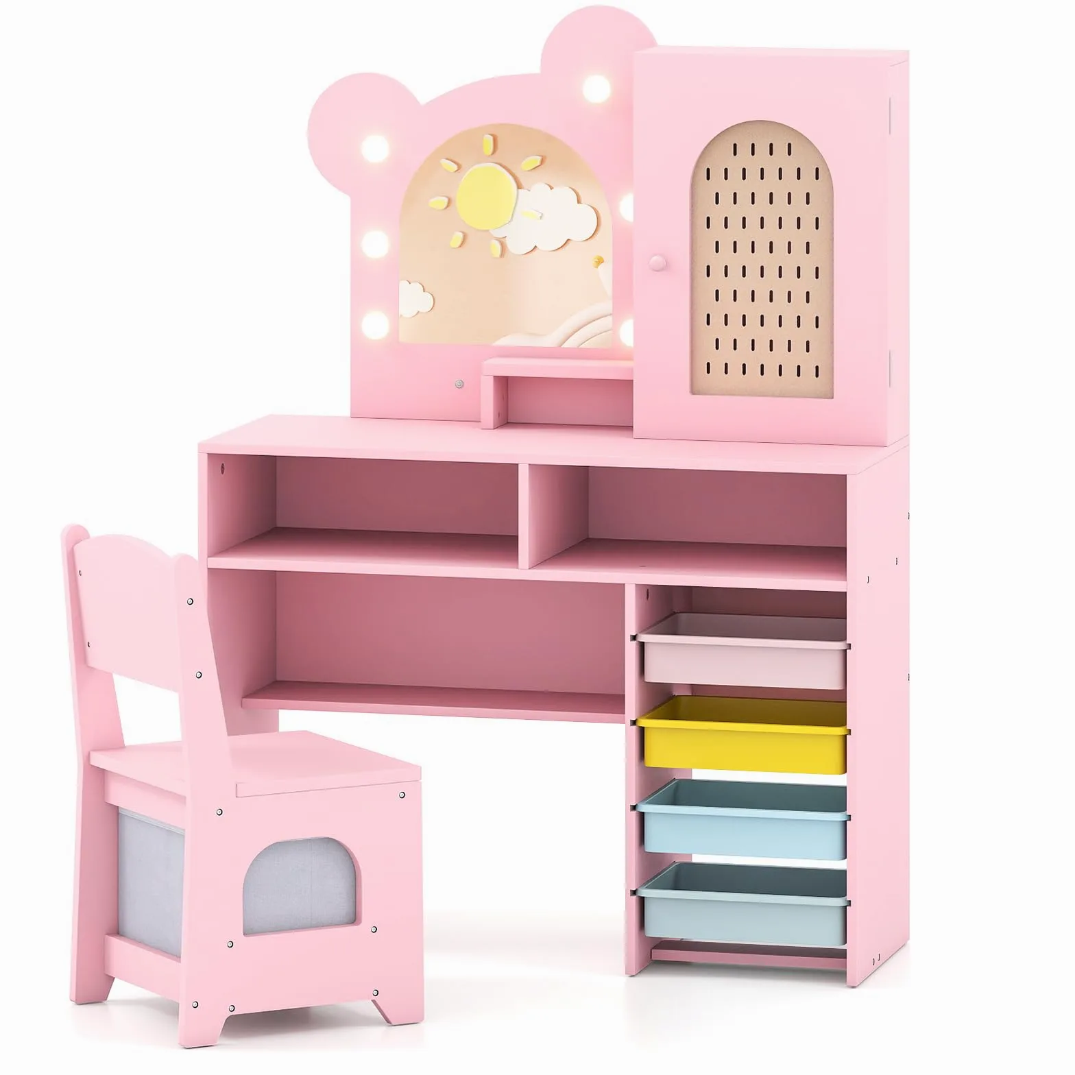 RELAX4LIFE Toeletta Trucco per Bambini con Luci, 3 Colori e Luminosità Regolabile, Set di Tavolo e Sedia on 5 Cassetti e 2 Scomparti, Postazione Trucco per Bambini 3+ Anni (Rosa)