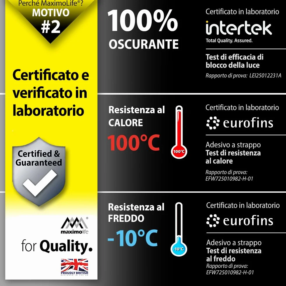 Tenda oscurante MaximoLife® Ultimate 100% | Adatta a finestre di qualsiasi dimensione/forma | Griglia guida di taglio per un taglio più facile | Ventose potenti | Gancio e passante resistenti