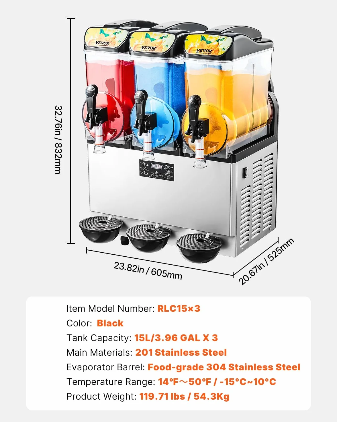 VEVOR Macchina per Bevande Ghiacciate Commerciale, Macchina per Granita Slushy a Triplo Serbatoio 15L x 3 Acciaio Inox