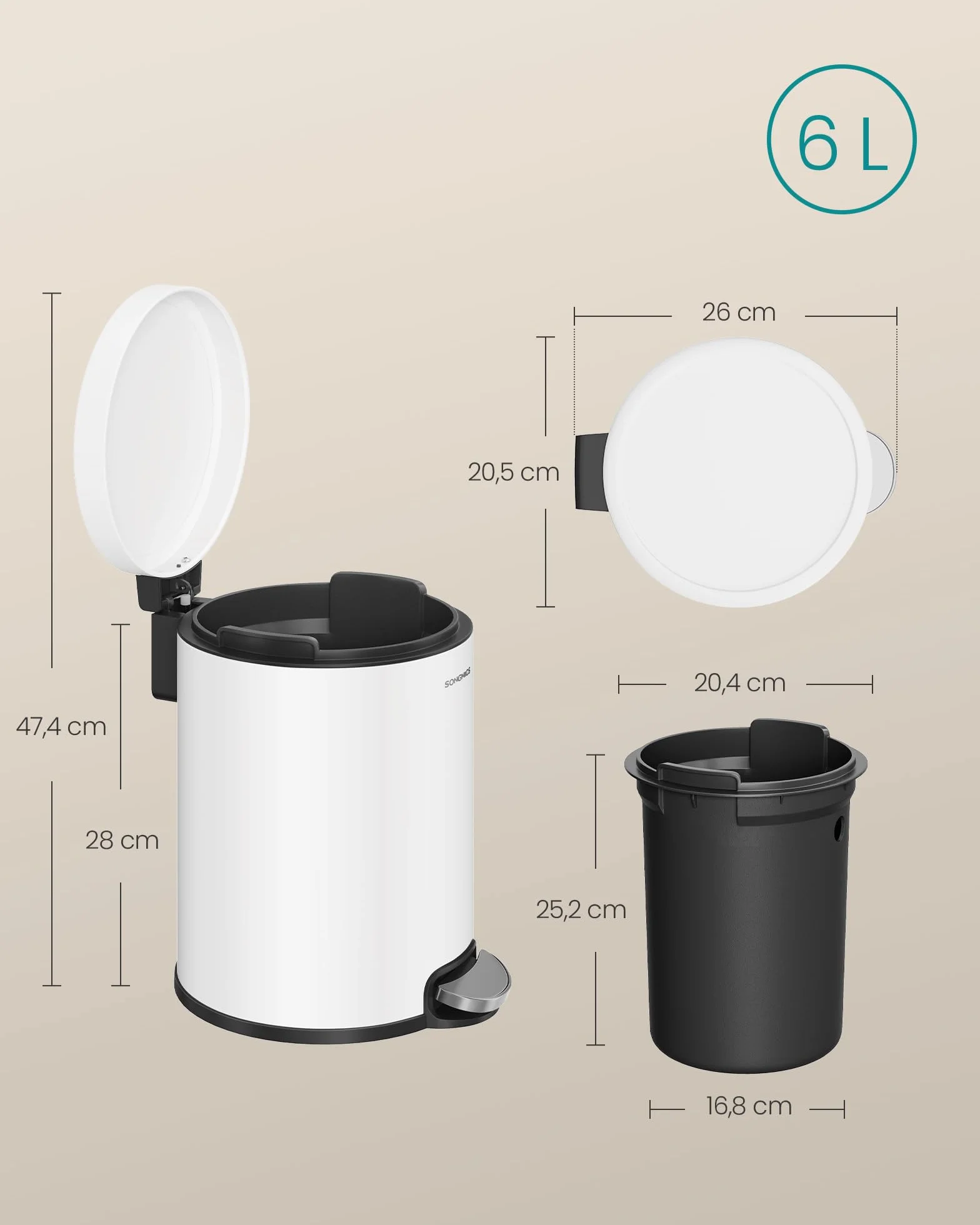 SONGMICS Cestino da Bagno a Pedale 6 L Acciaio Coperchio Chiusura Morbida Secchio Interno Bianco Nuvola