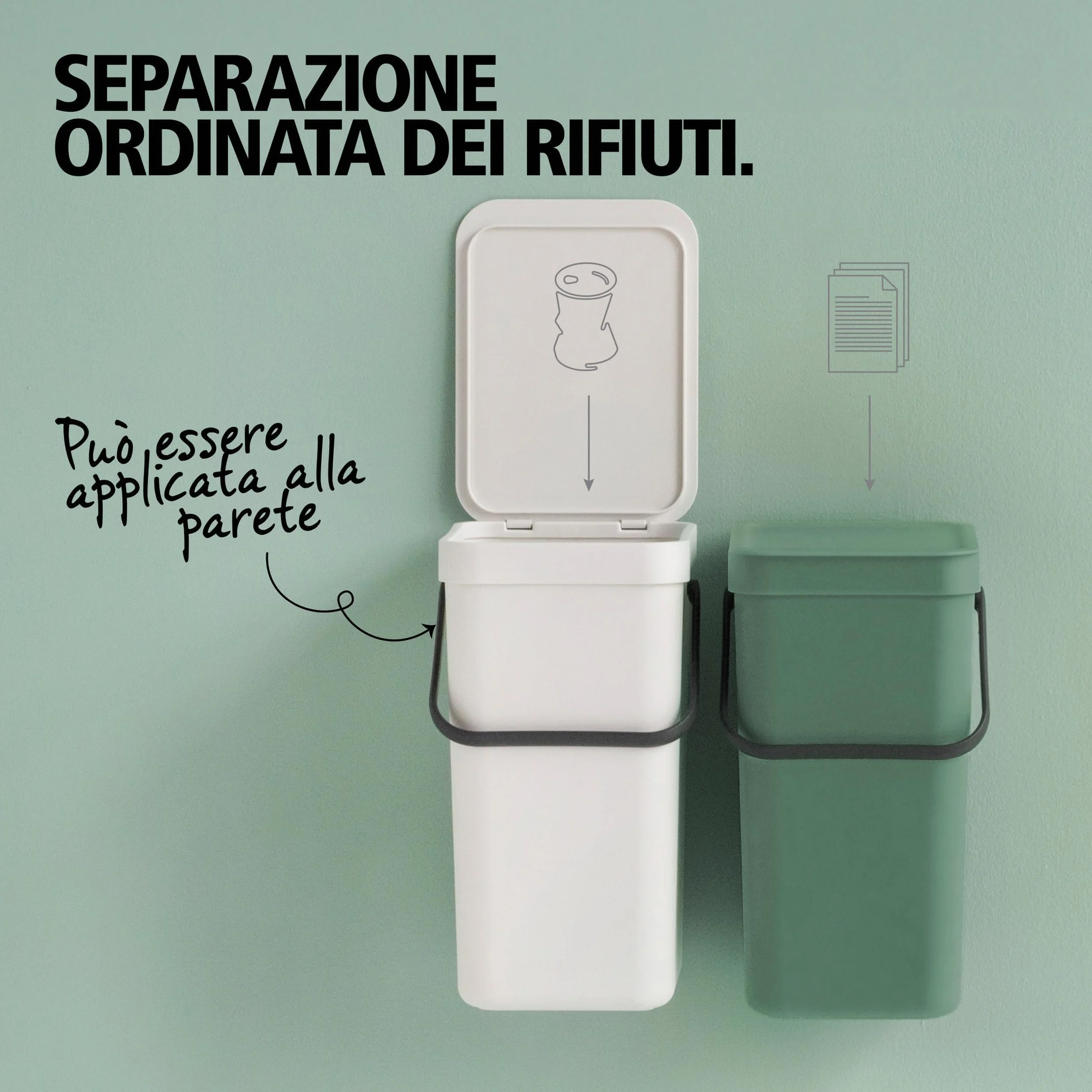Brabantia Sort & Go Pattumiera 12L (Grey), Pattumiera cucina in plastica con maniglia, Secchio spazzatura salvaspazio con coperchio stay open rimovibile, Cestino umido facile da pulire