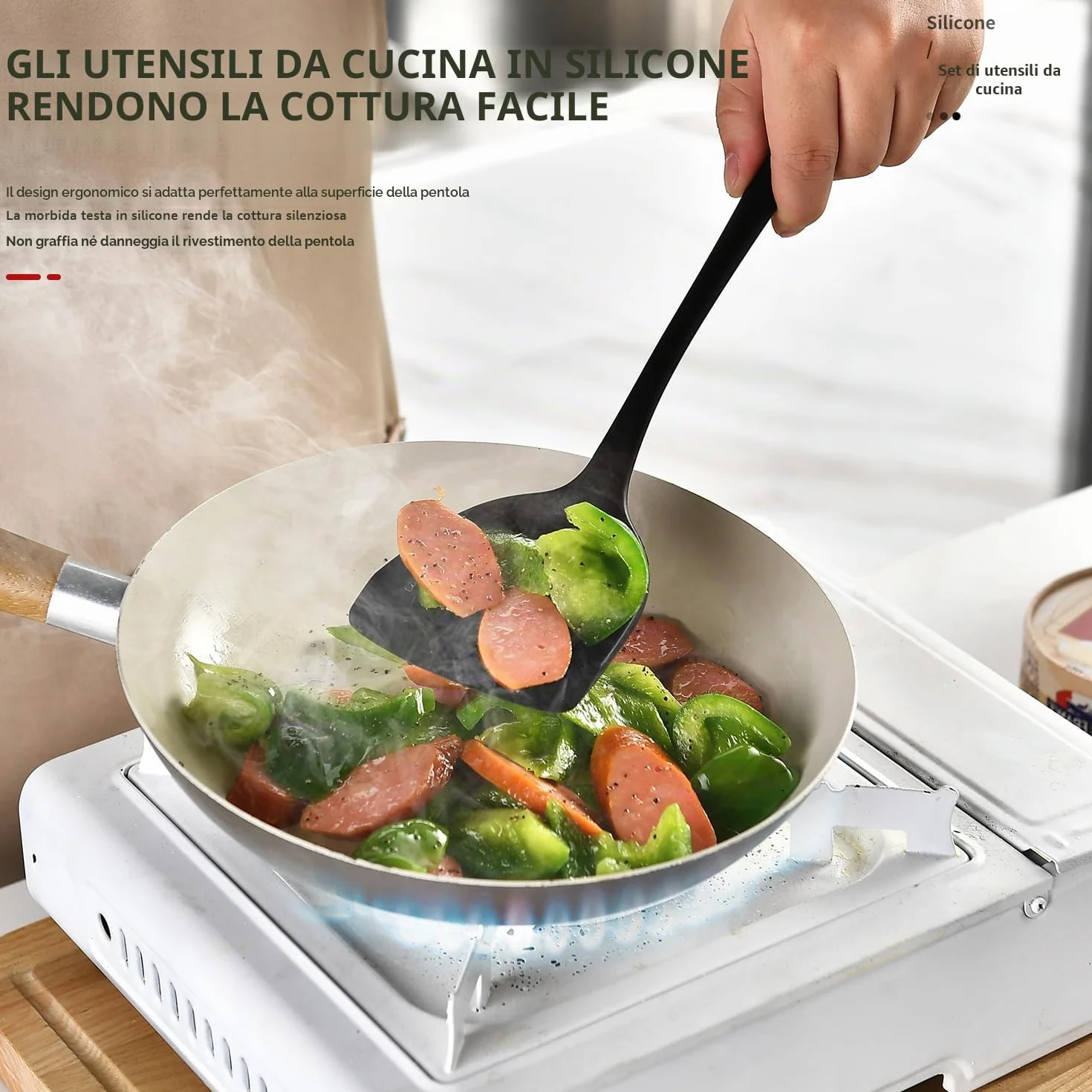 Set 15 utensili da cucina in silicone con manici in acciaio inossidabile, resistenti al calore, neri
