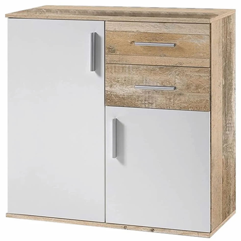 BAKAJI Mobile Madia con 2 Cassetti Doppia Anta e 2 Ripiani Interni Mobiletto Credenza Armadio Multiuso Cucina Bagno Ufficio Design Moderno Dimensioni 82x35x80cm (Bianco e quercia effetto legno)
