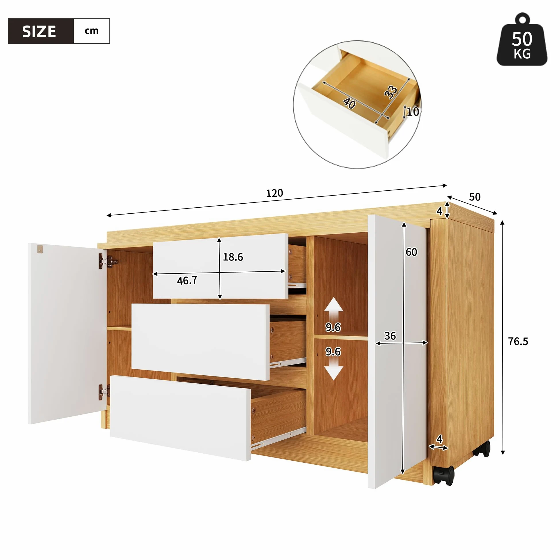 Scrivania con ruote bloccabili, design multifunzionale, 4 cm di spessore, piano girevole bloccabile, scrivania pieghevole, scrivania angolare, credenza (legno + bianco)