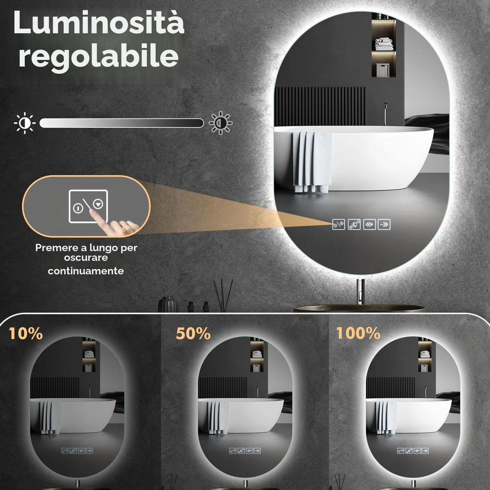 Specchio Bagno con Luce, 75x50cm, Specchio Smart con Antiappannamento, Memoria e Dimmerabile, Bluetooth per Musica, Tasto a Sè, Installazione Orizzontale o Verticale