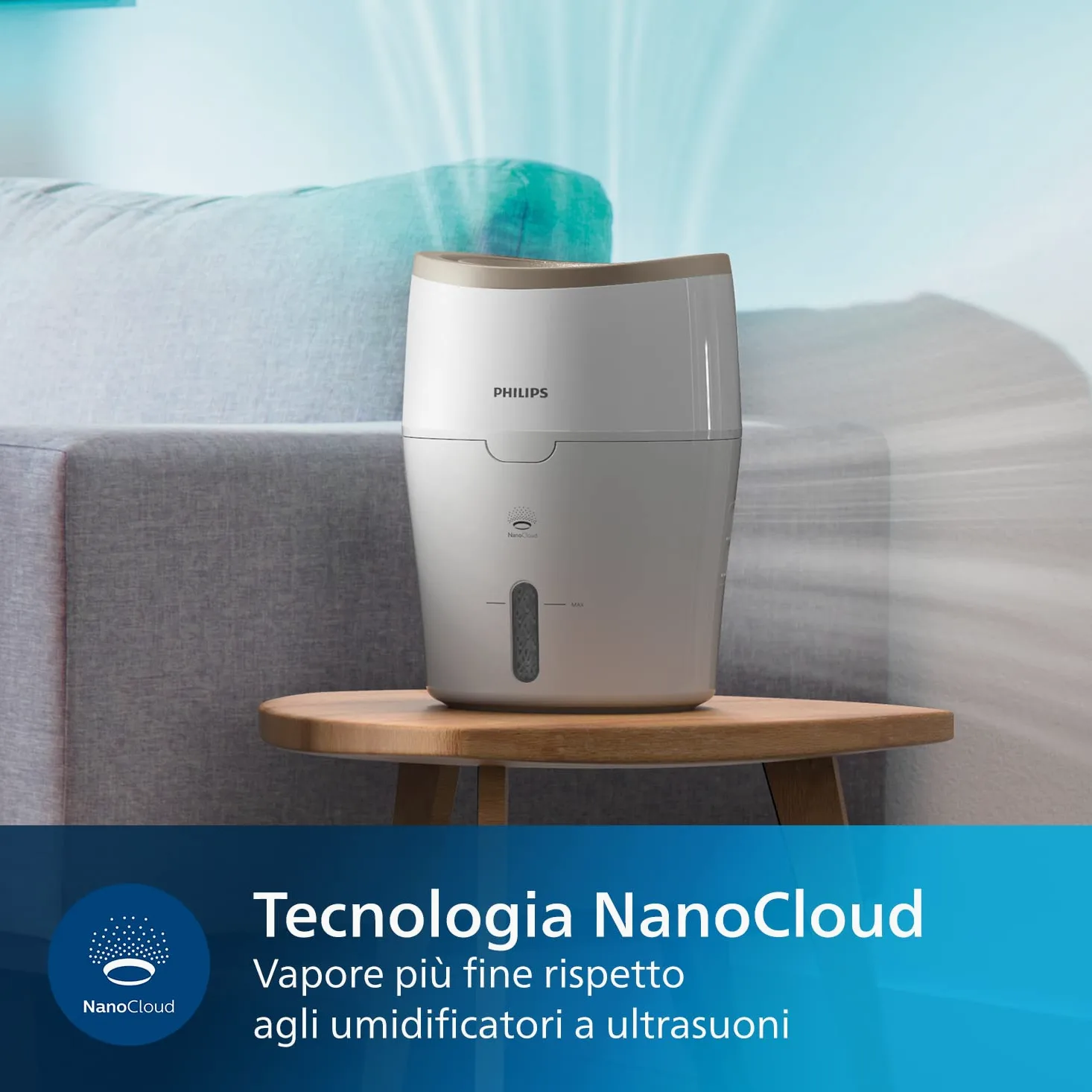 Umidificatore d'aria Philips serie 2000 - Umidificatore per ambienti 38 m², NanoCloud, 2 velocità, serbatoio da 2 litri (HU4811/10), 220-240 V || 50/60 Hz || 15W