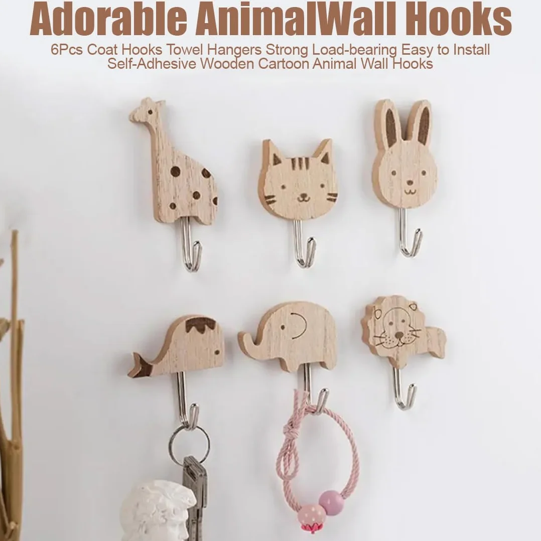 Ganci Autoadesivi per Bambini a Forma di Animale, Ganci in Legno, Appendini per Asciugamani e Cappelli, Set da 6 Pezzi per Bagno e Camera