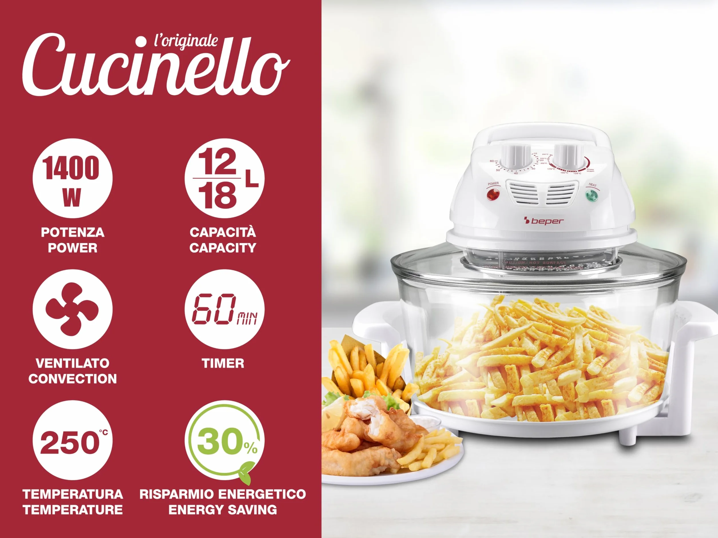 Beper BF.640 Forno Ventilato Multifunzione 12L 18L Timer 60 Minuti Temperatura 250° Accessori