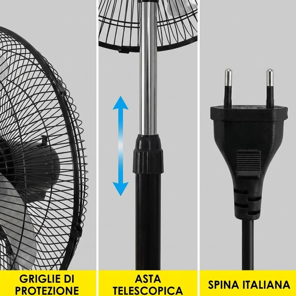 MAKA Ventilatore a Piantana Potente, Ventilatore Metallo 5 Pale, 75W, Basso Consumo, Oscillazione Orizzontale, Ventilatore da Terra Industriale Diametro 50cm, Regolabile Altezza Max 130 cm 3 Velocità