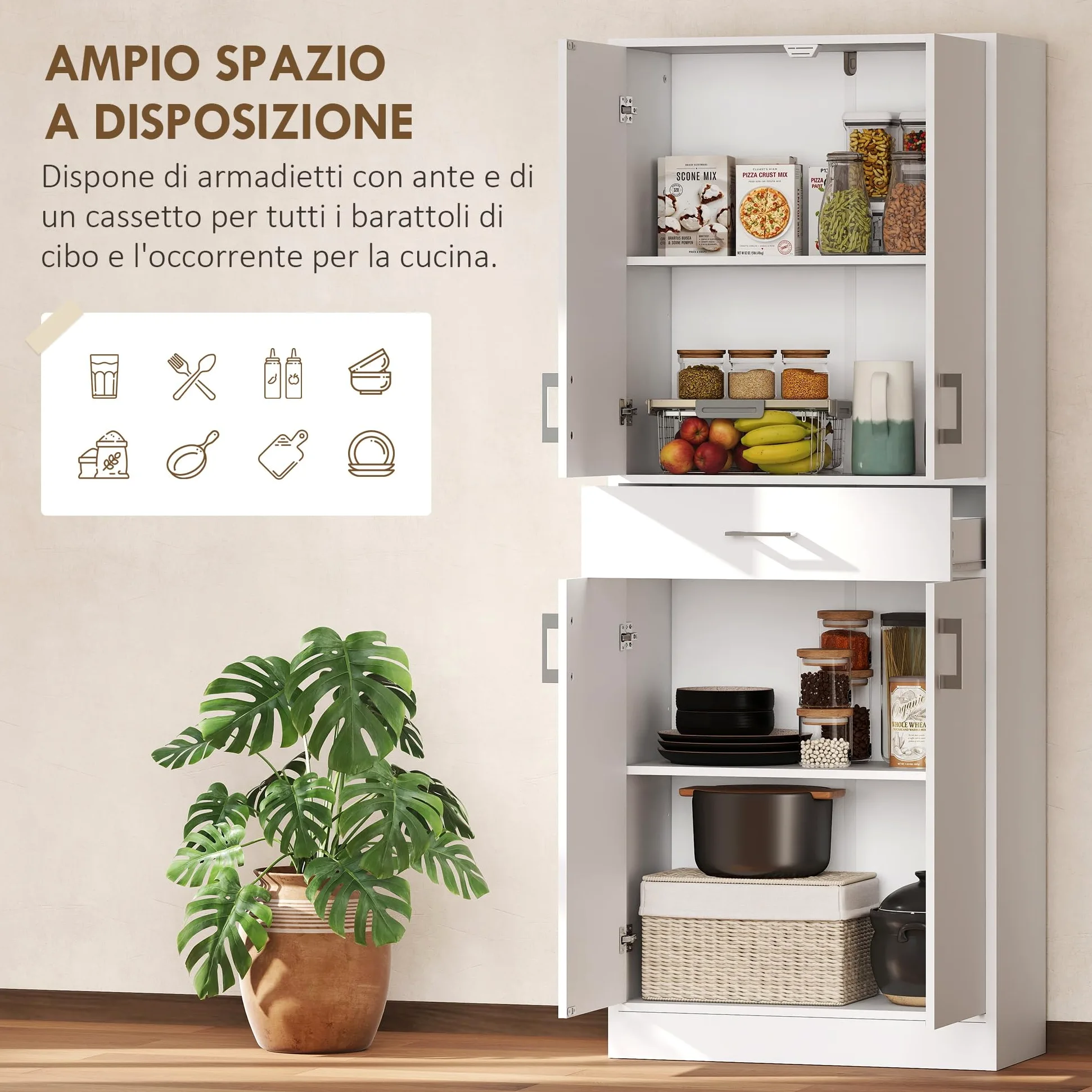 HOMCOM Credenza Cucina Alta, Mobile Dispensa con 2 Armadietti e Cassetto Grande, Mobile Cucina con Ripiani Regolabili, per Sala da Pranzo, Soggiorno, Salotto, 70.8x34x180 cm, Bianco