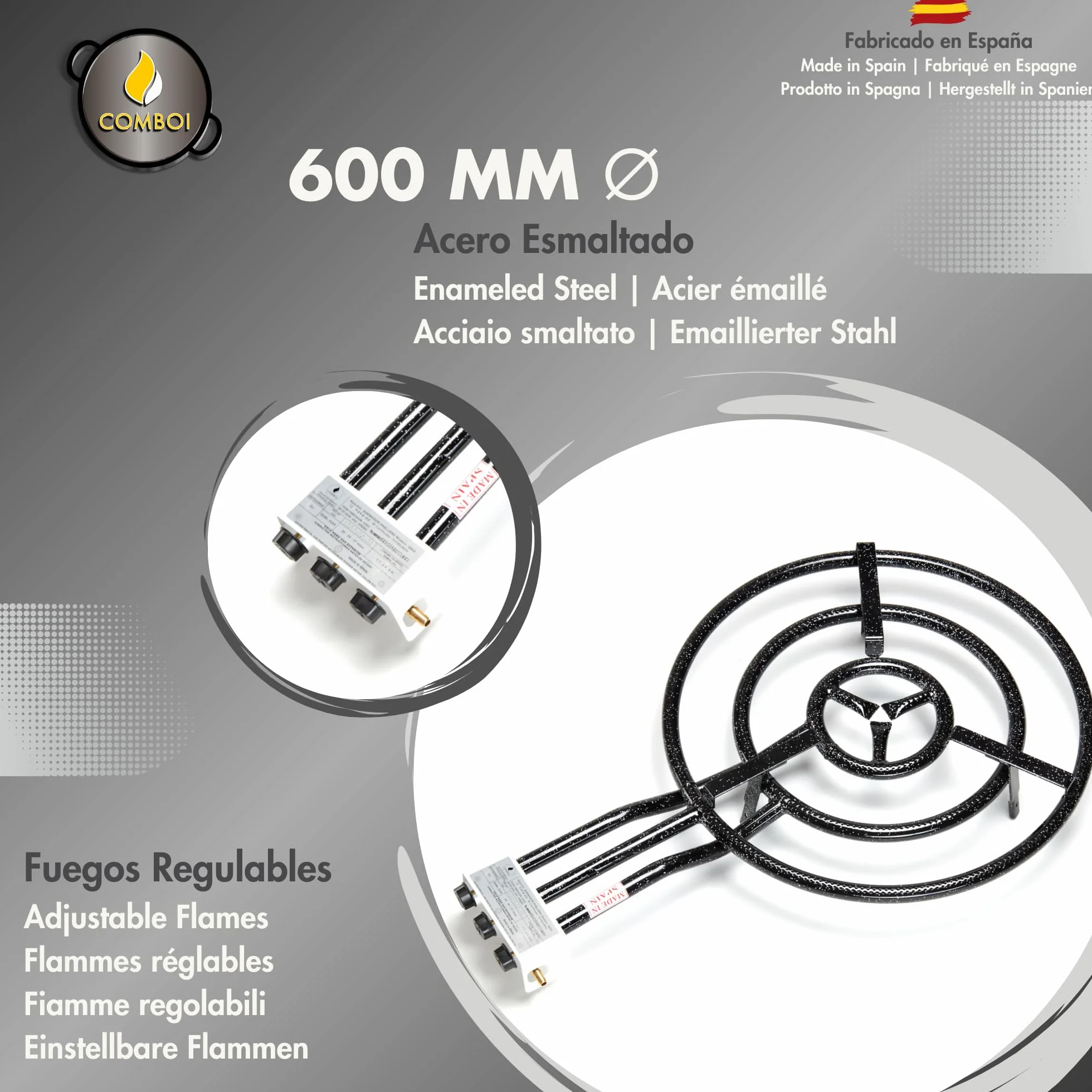 COMBOI Kit Paellero 70 cm, Bruciatore Gas 60 cm, Paella Acciaio Lucido, Ricettario Digitale