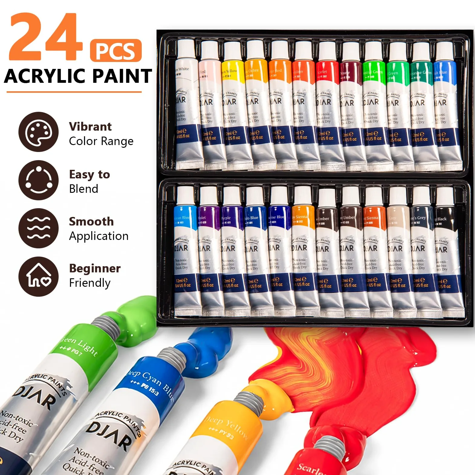 DJAR Set di 50 colori acrilici con cavalletto da tavolo, 24 colori acrilici, album da disegno, blocchi per pittura e kit completo di forniture artistiche acriliche per adulti, adolescenti e