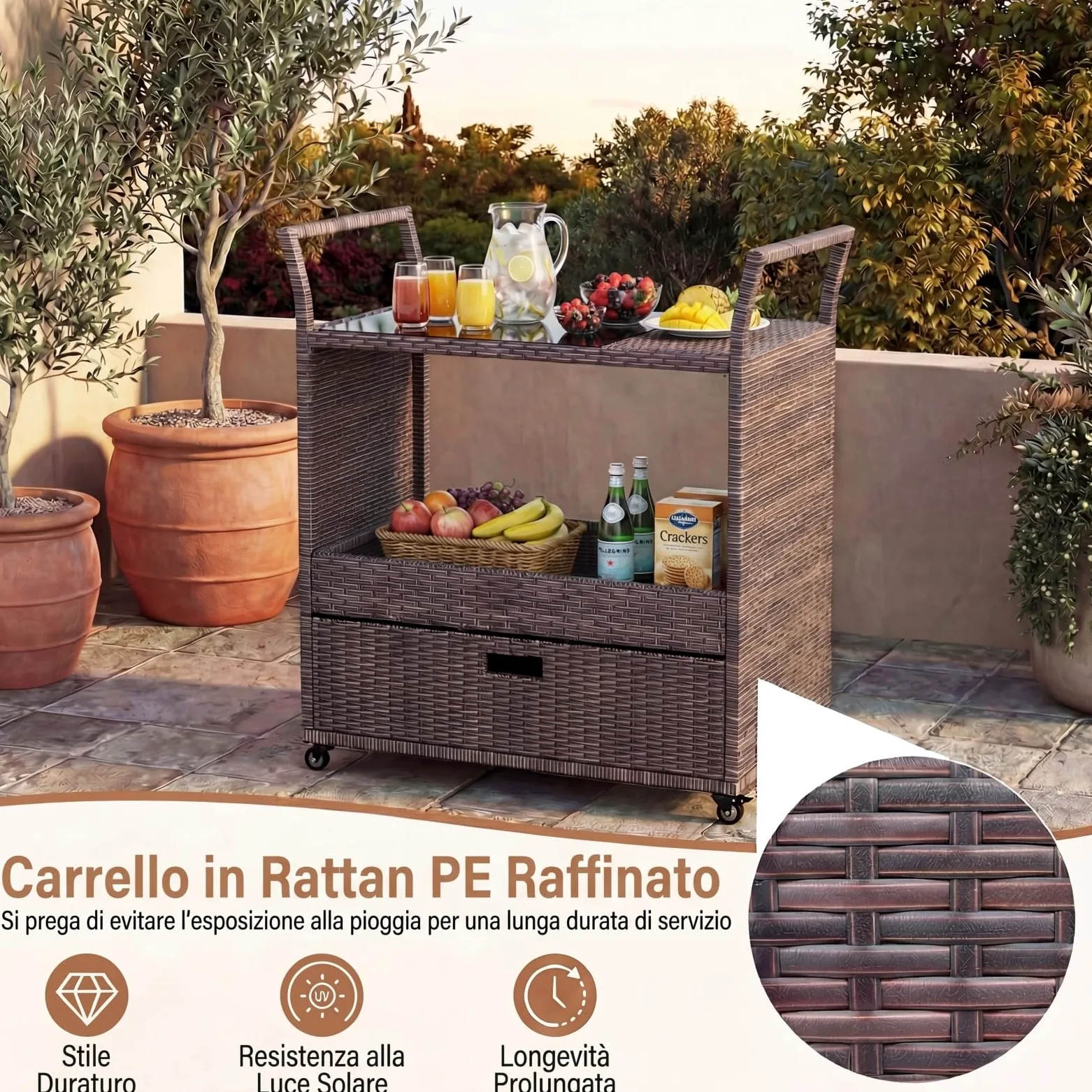SOARS Carrello Bar in Rattan PE, Tavolo Bar da Esterno con Ruote, Ripiano Aperto, Cassetto e Piano in Vetro Temperato, Carrello di Servizio con Maniglie per Giardino, Cortile, Piscina, 85 X 47 X 92 CM