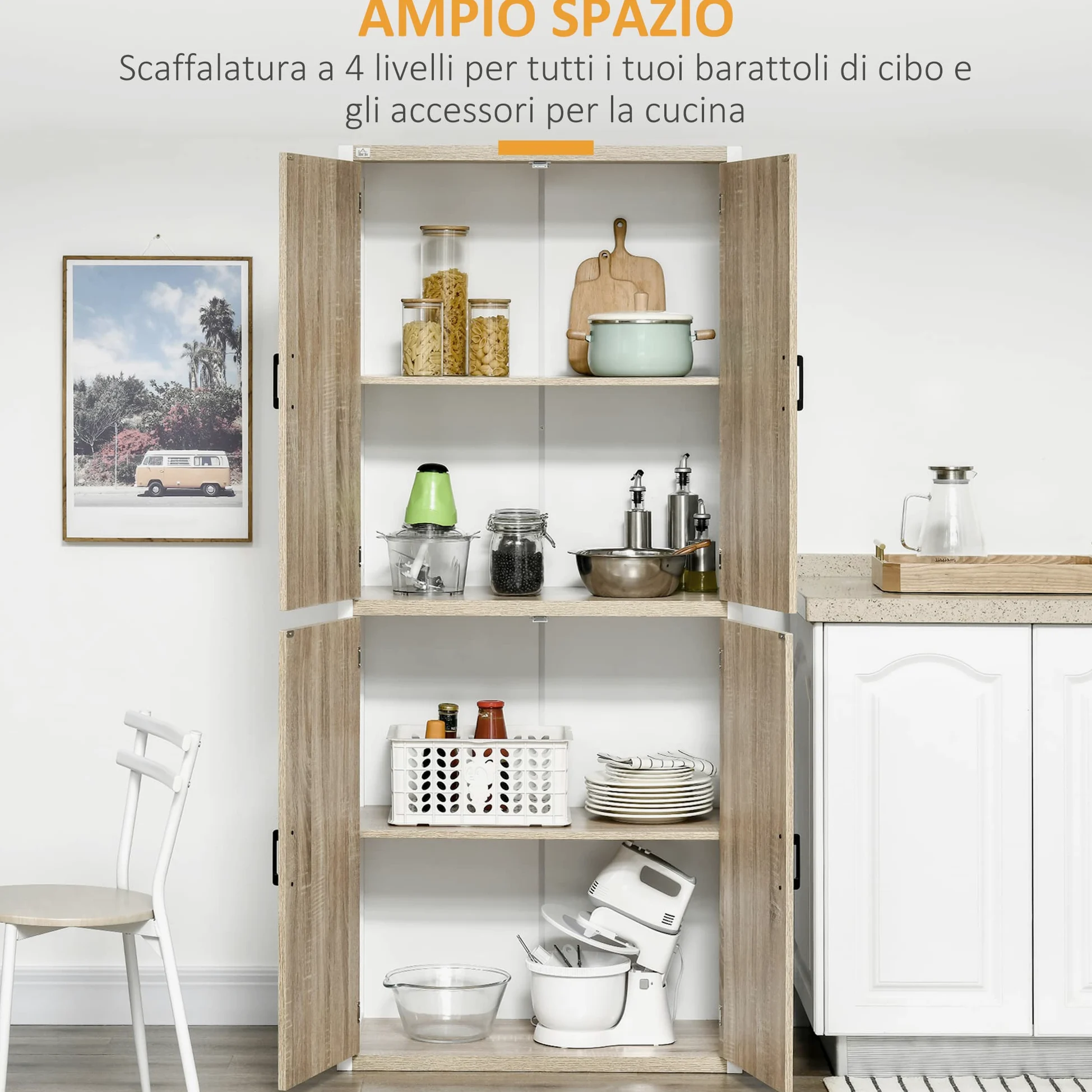 HOMCOM Credenza Cucina con 4 Ripiani Regolabili, Mobile Cucina Dispensa in Legno MDF, 4 Porte e Dispositivo Antiribaltamento, 80x40x182cm, Color Legno e Bianco
