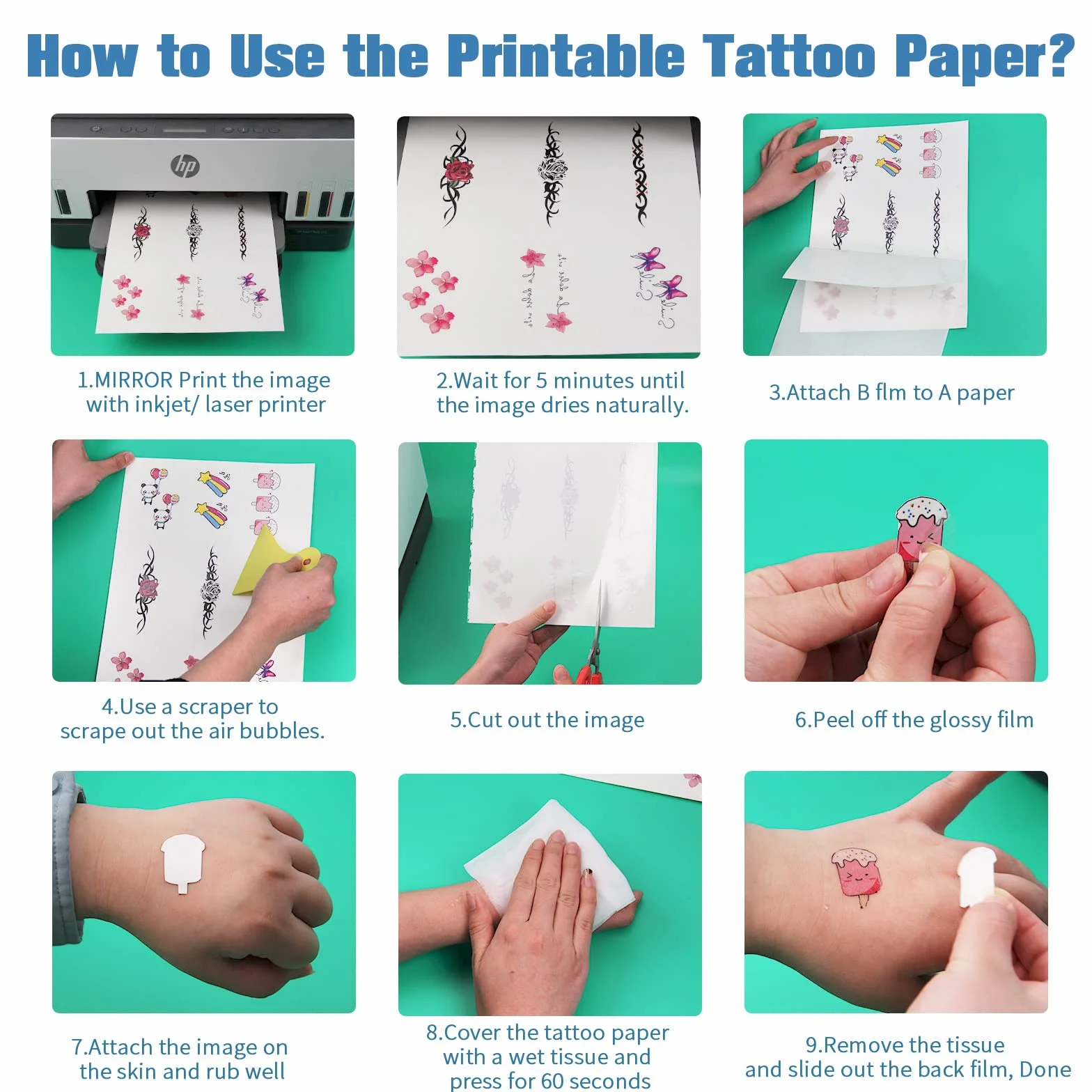 Carta del Tatuaggio per la Stampa, Carta Transfer Tatuaggio Temporaneo A4X5 fogli Trasparente Lamina per Tatuaggi Fai da Te per la Stampante a Getto D'inchiostro/Stampante Laser