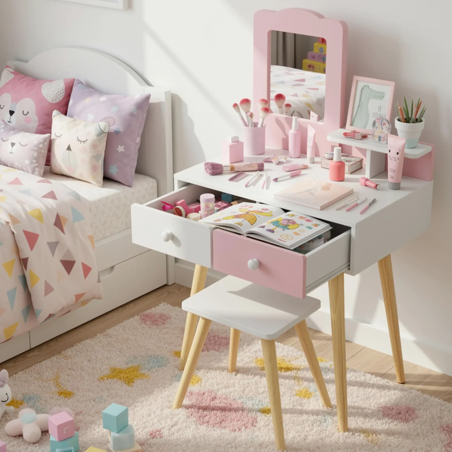 Clevich 2 in 1 Toeletta Trucco Bambina, Toeletta per Bambini con Specchio, 2 Cassetti, Scrivania in Legno con Sgabello, Robusto e Durevole, per Bambini dai 3-8 Anni, Rosa