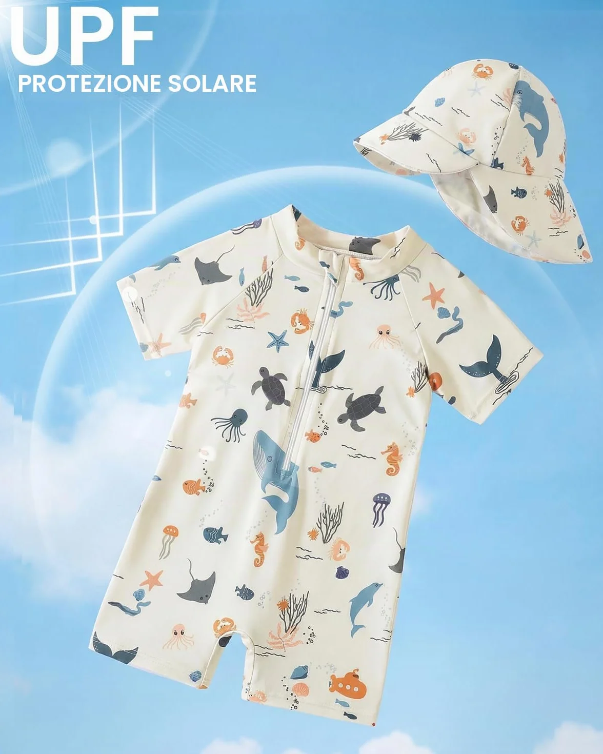 Costume da bagno per neonati a maniche corte con cappello da sole