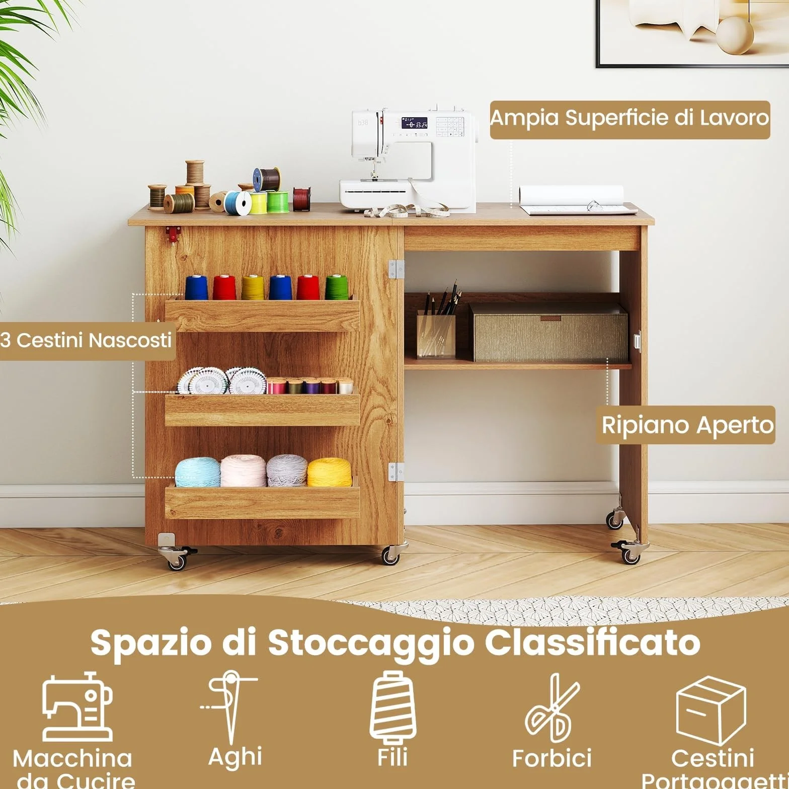 COSTWAY Tavolo da Cucito Pieghevole, Mobile per Macchina da Cucire con Ripiano Portaoggetti, 3 Scomparti Nascosti e Ruote Bloccabili, Mobile Multiuso per Piccoli Spazi (Legno, 118,5 x 40 x 79,5 cm)