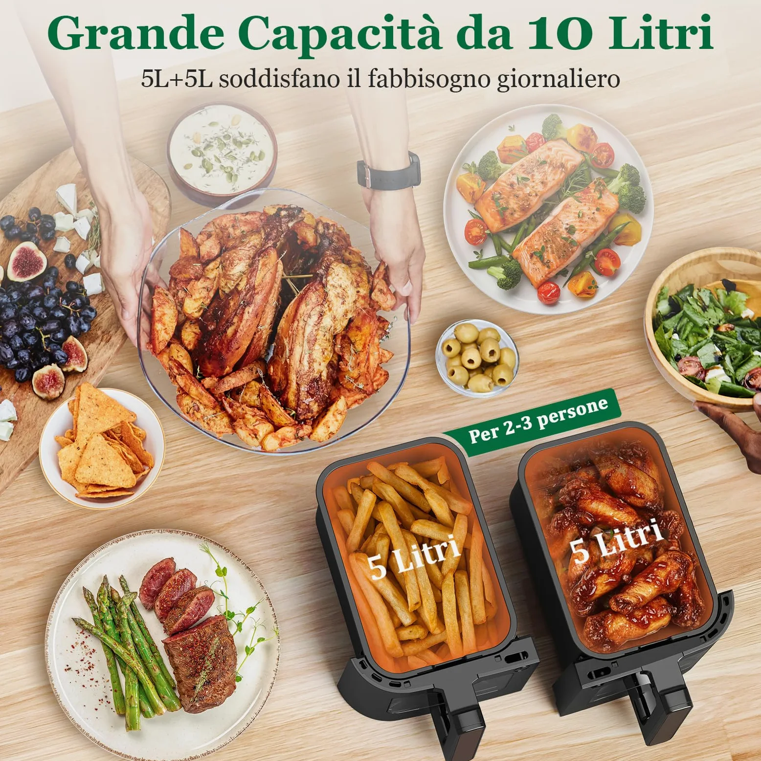 Friggitrice ad Aria Doppio Cestello | 10L Friggitrice Aria con Finestra Osserv Indipendente Temperatura, 8-in-1 Air Fryer Controllo Touch 50-200℃, Air Fryer Grande 2600W Luce Integrata Timer