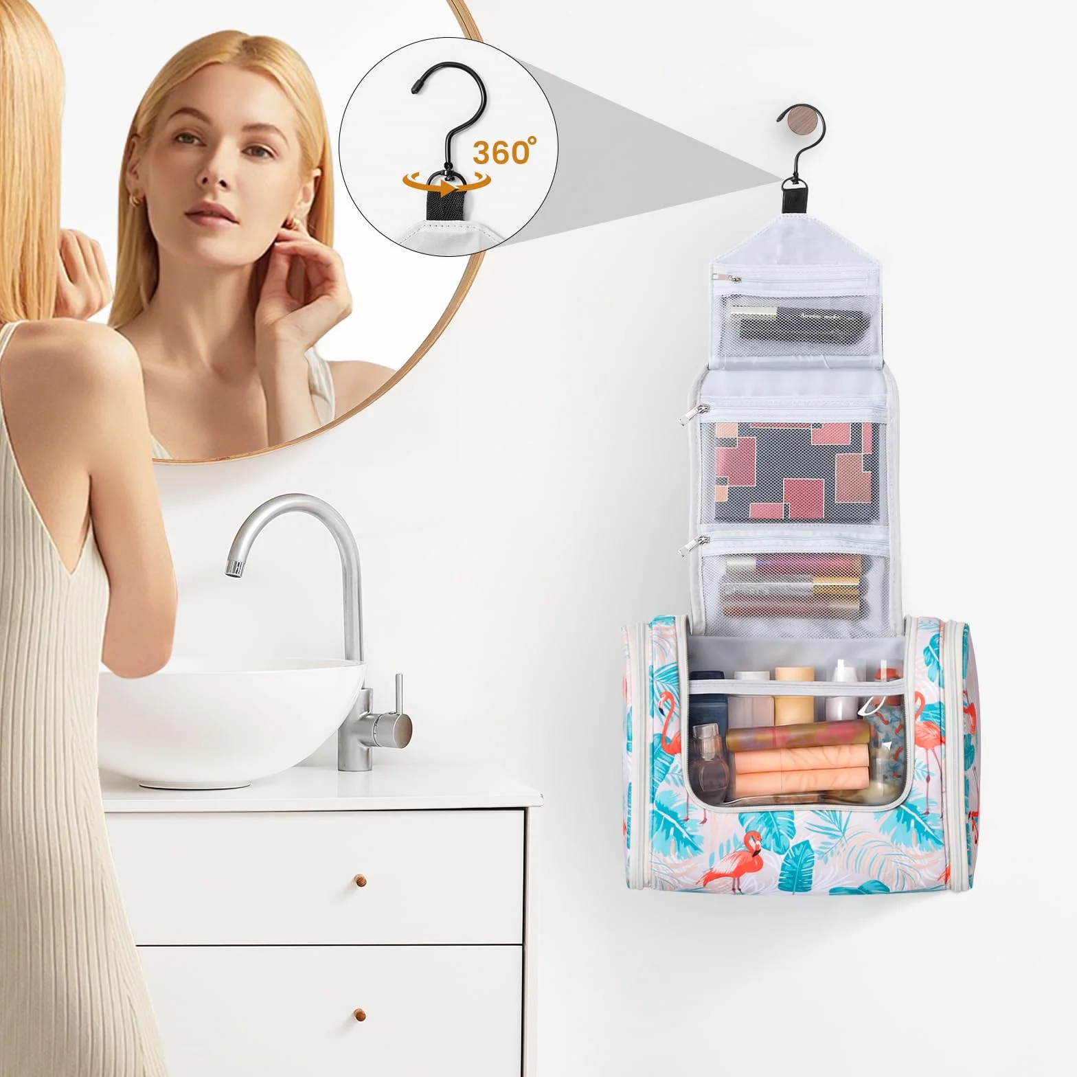 Beauty Case da Viaggio, Grande Borsa da Toilette da Appendere per donna e Uomo, 4 in 1 Beauty Case Impermeabile con Gancio Girevole