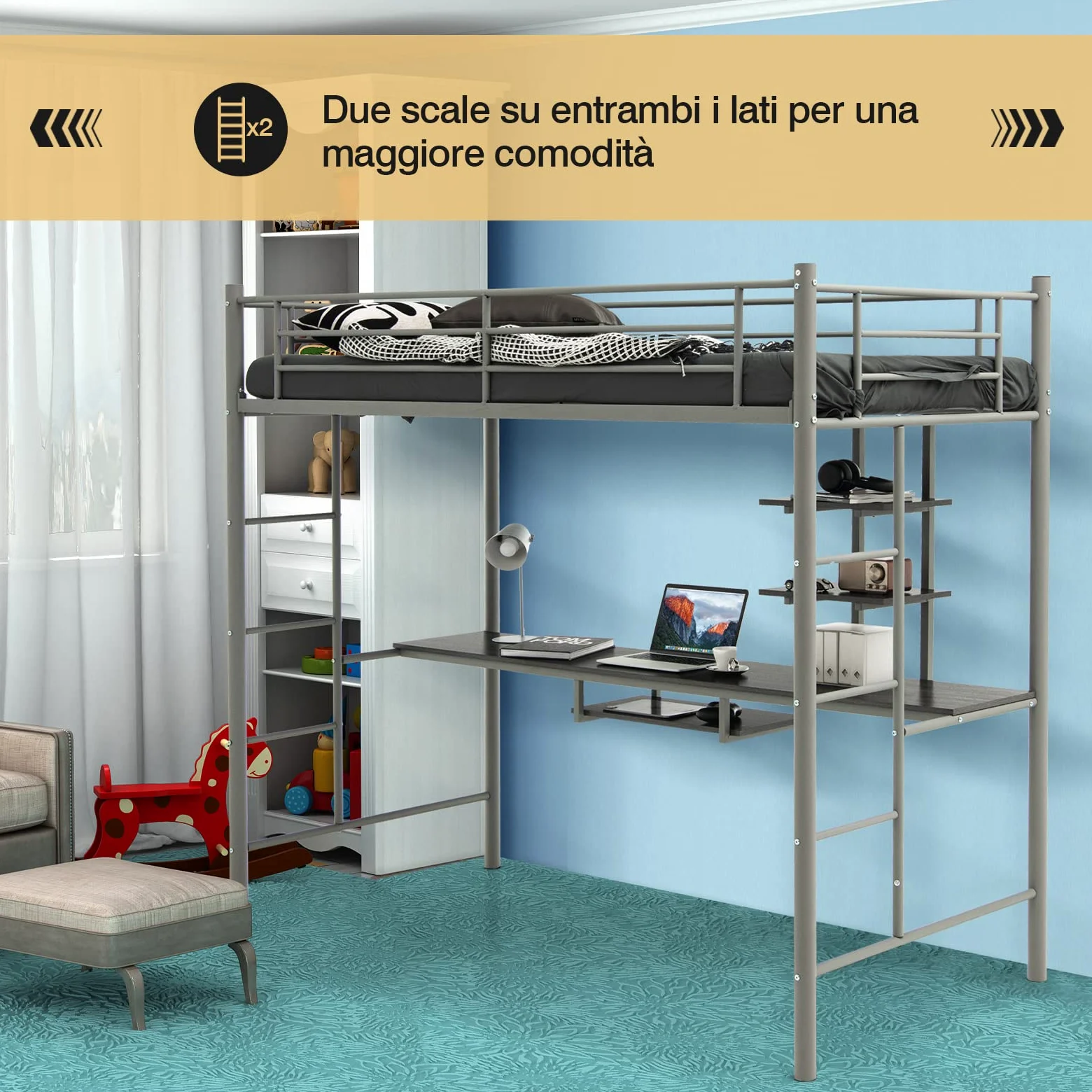 COSTWAY Letto a Soppalco in Metallo, Struttura del Letto Salvaspazio con 2 Scale e Scrivania, Letto a Doghe Ideale per Adolescenti e Adulti, 200x95x180,5 cm (Argento)