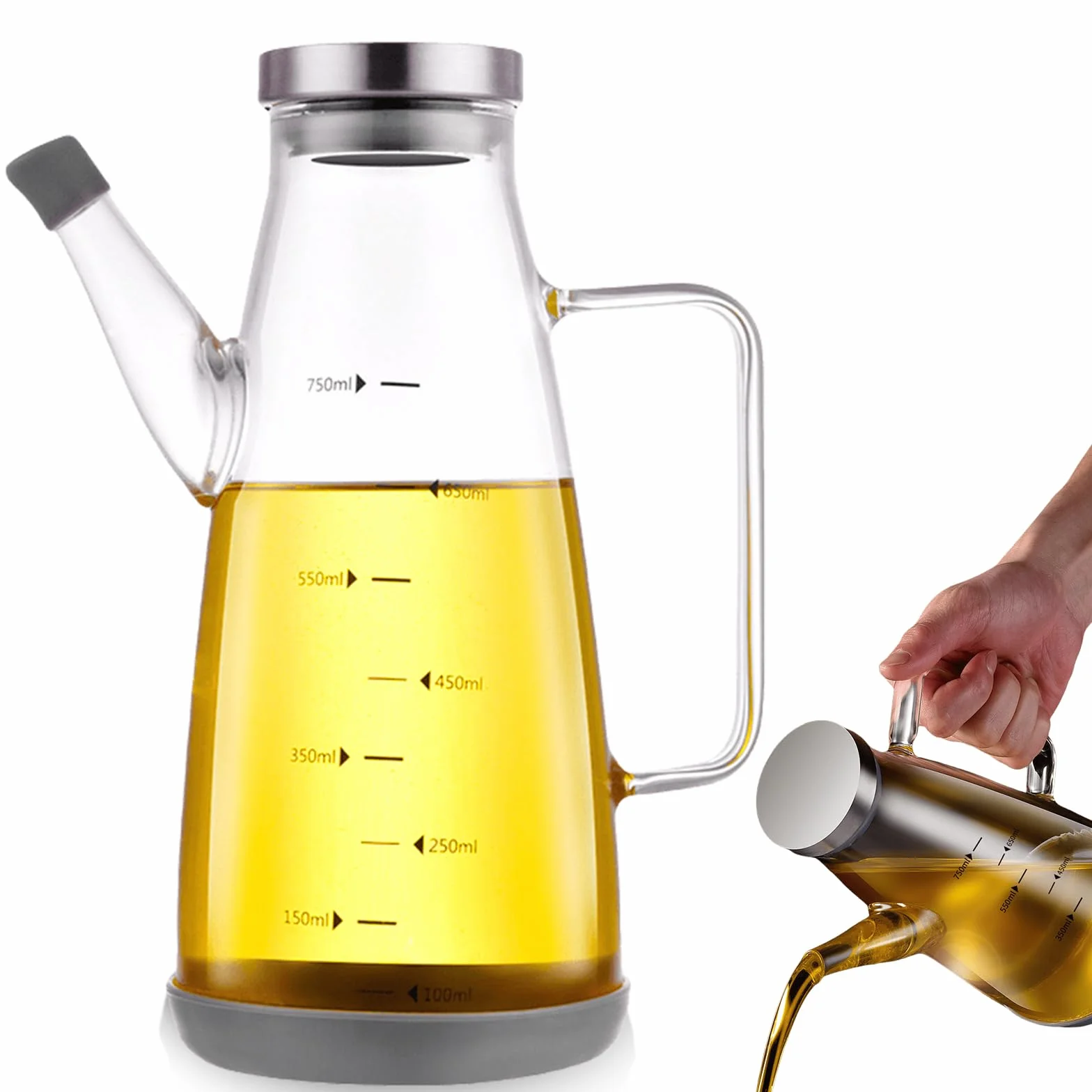 Bottiglia di olio d'oliva da 750 ml, bottiglia di olio di oliva in vetro con manico antiscivolo, distributore di olio con base in silicone antiscivolo, bottiglia di olio d'oliva antigoccia