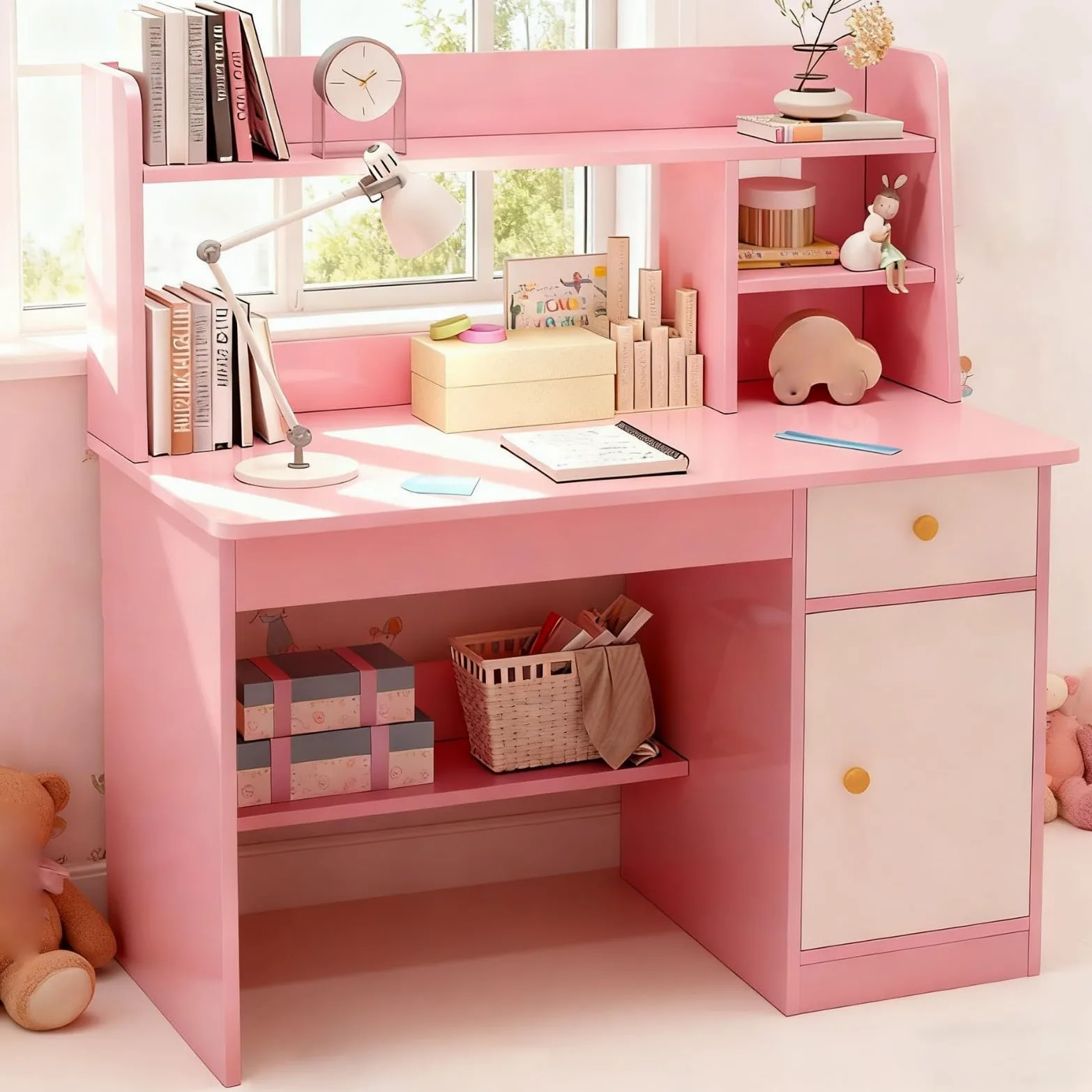Scrivania per Bambini con Ripiani Armadietto Cassetto Età 3-8 Anni Tavolo Banco Scuola Scrivania Computer per Cameretta, Sala Studio D1