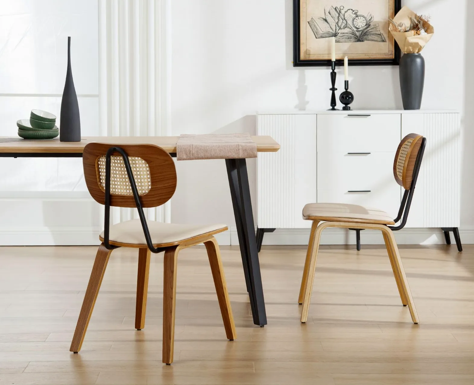 Ya-Home Set di 2 Sedie da Pranzo in Rattan Sedie da Cucina con Cuscino in Ecopelle Sedia da Salotto Imbottite con Gambe in Legno Design Retrò per Sala da Pranzo/Soggiorno