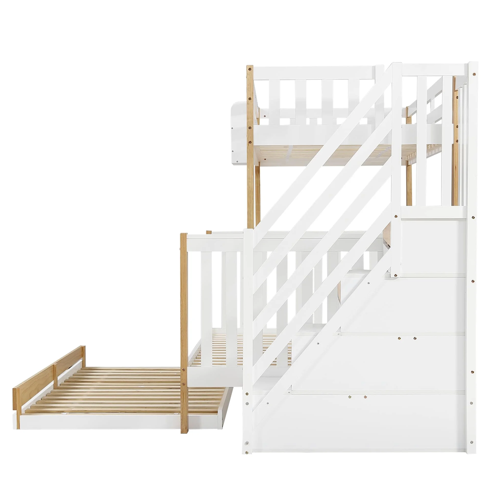 Letto a castello 90 x 200 e 120 x 200 cm, con letto a rotelle, design speciale di rivestimento della porta, scala angolare, pino+MDF, bianco e naturale