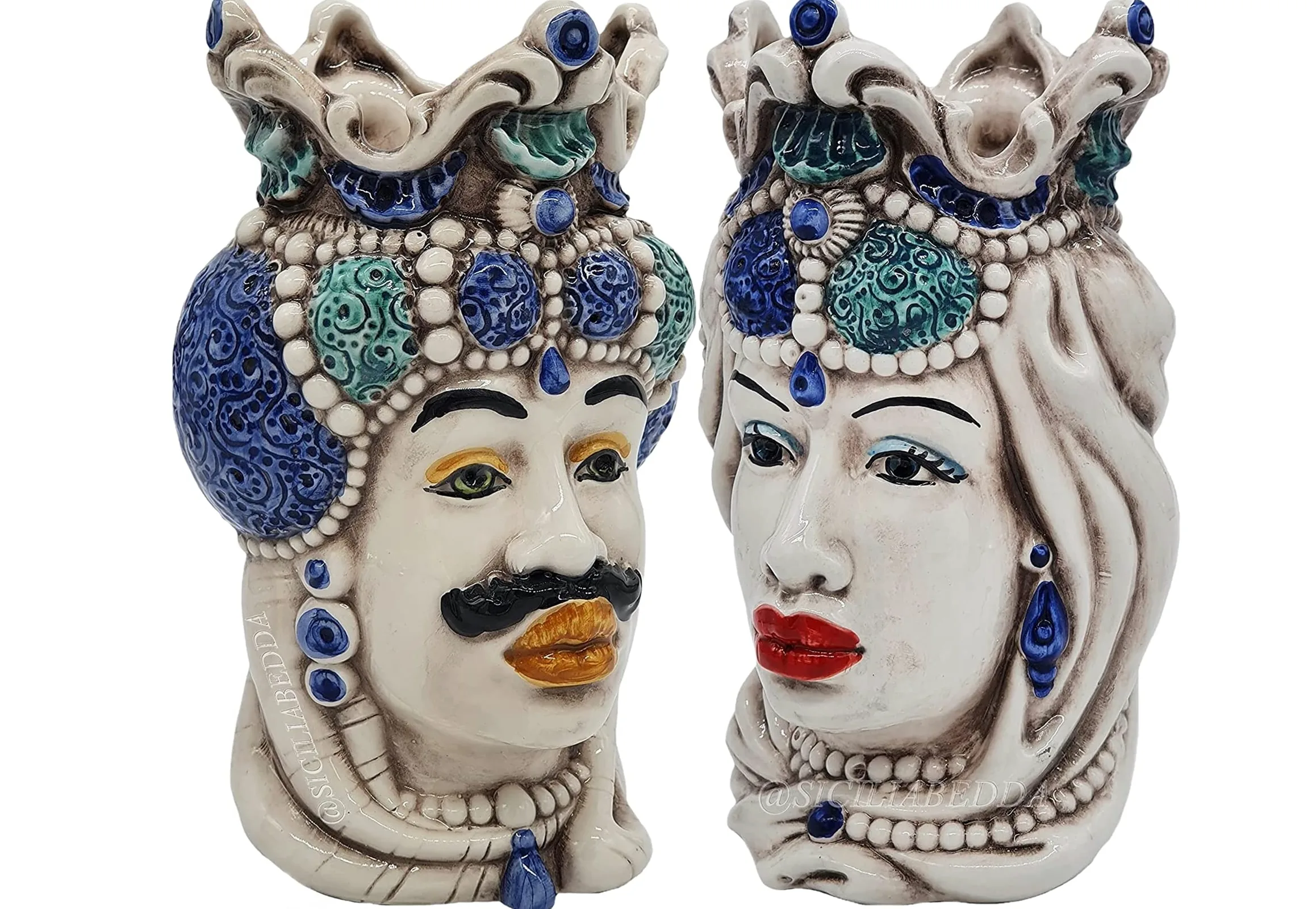 sicilia bedda - Teste di Moro Siciliane in Ceramica di Caltagirone - Realizzato Interamente a Mano - Altezza 18 Centimetri (Coppia Teste di Moro Blu)