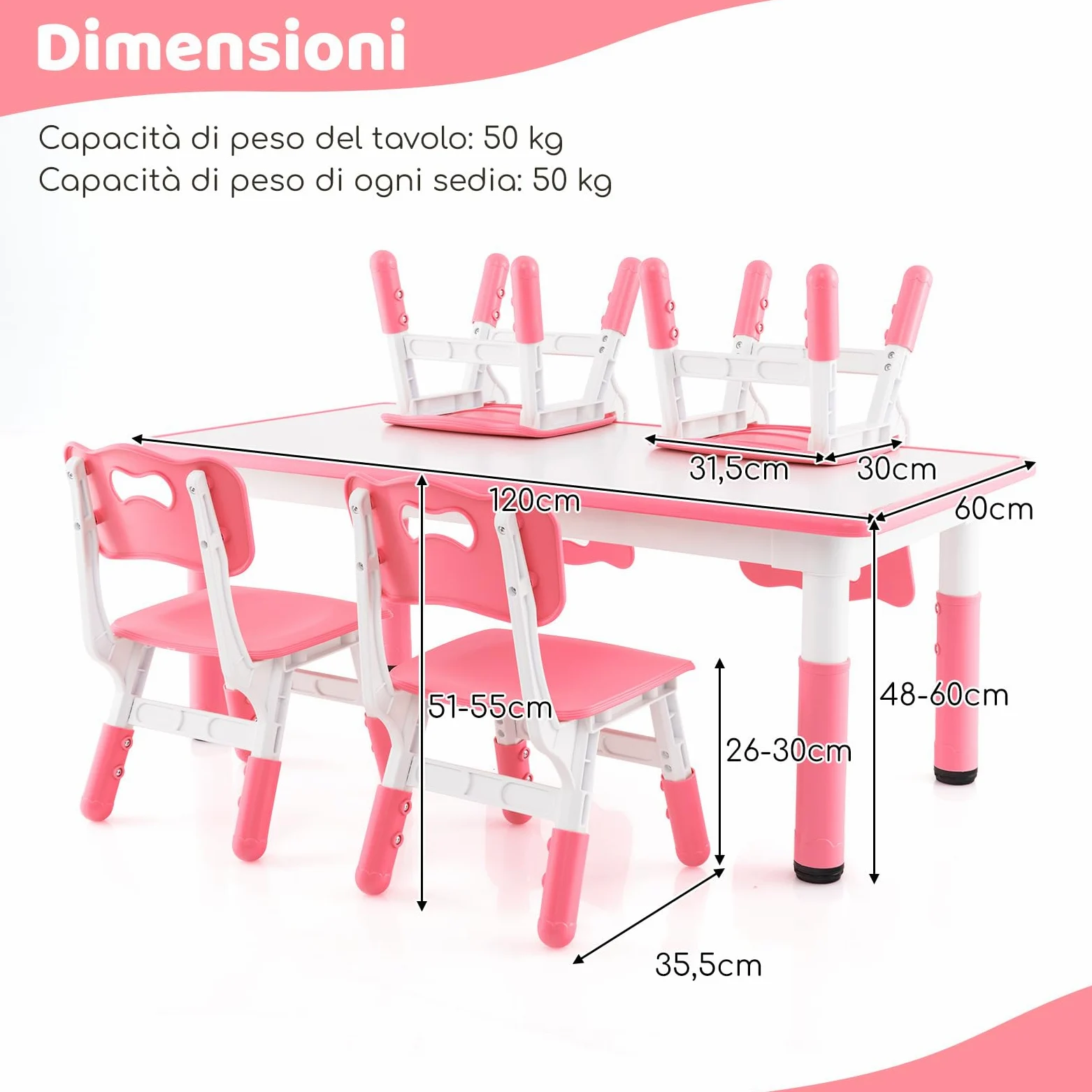 COSTWAY Set Tavolo e 4 Seide per Bambini, Scrivania Regolabile in Altezza con Piano Graffiti, Gambe Antiscivolo, Mobile Multifuzione con 4 Posti per Cameretta, Asilo e Scuola (Rosa)