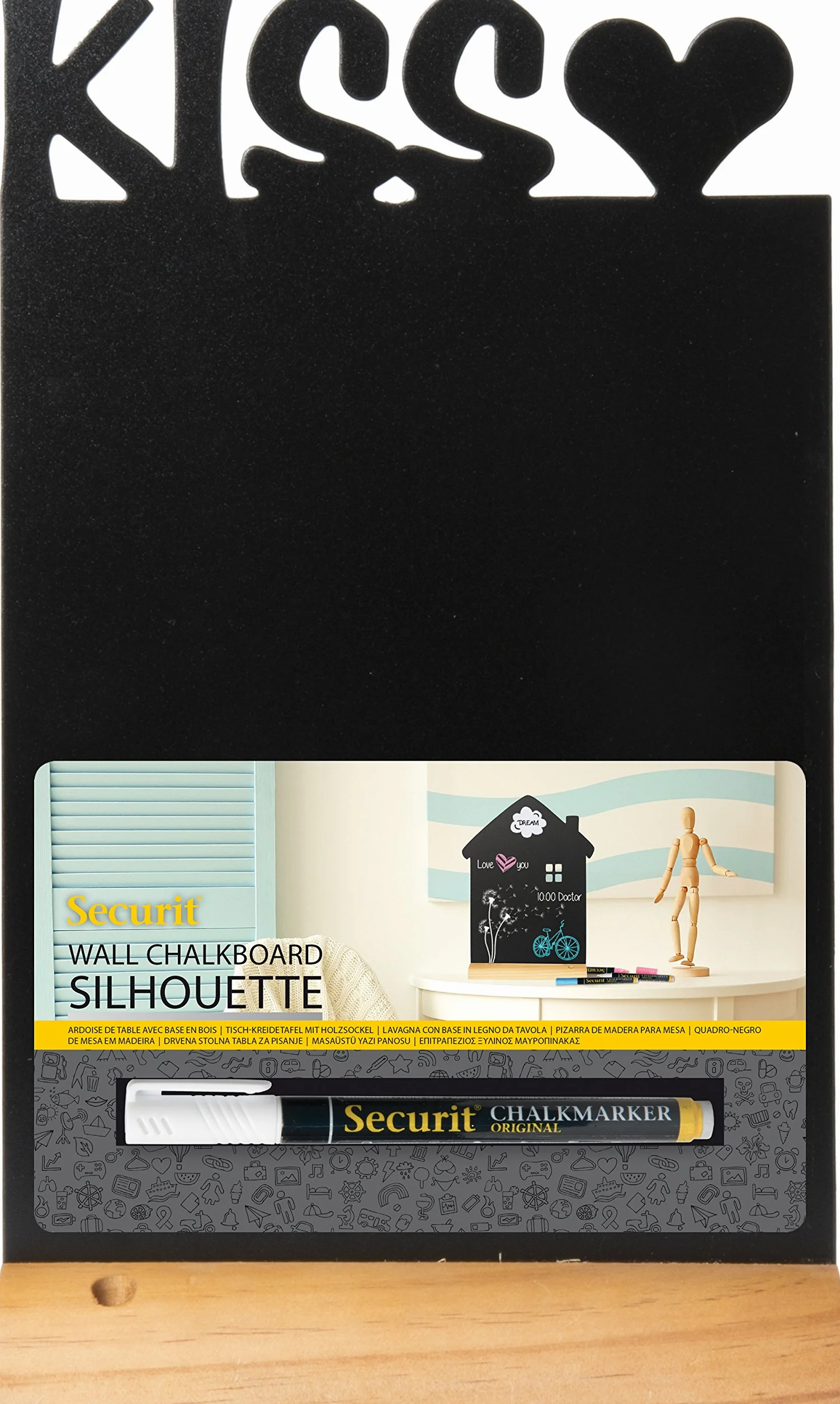 SECURIT - Lavagna Da Tavolo Silhouette Bacio - Per Pennarelli A Gesso Liquido - Per Caffè, Ristoranti, Negozi, Casa - Inserto Rimovibile - Base In Legno Laccato - 34,5x21x6cm - Pennarello Incluso