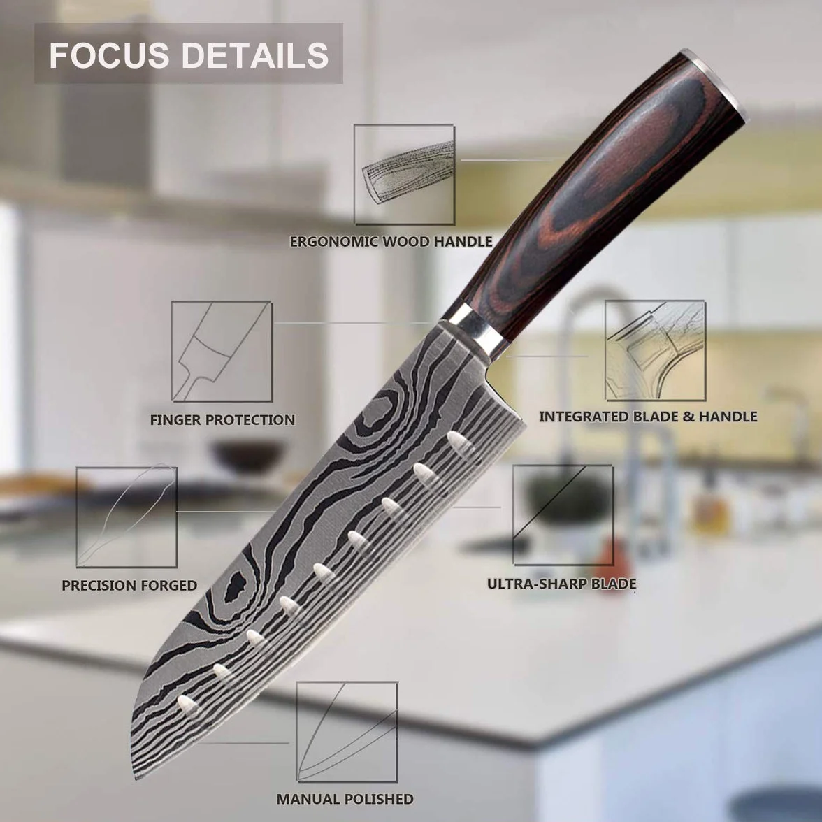 Coltello Cucina Santoku, Coltelli da Cucina Professionali Giapponesi 7 " - Affilatissimo - Resistente Macchie e alla Corrosione - Impugnatura Ergonomica, Ideale per Cucina Domestica e il Ristorante