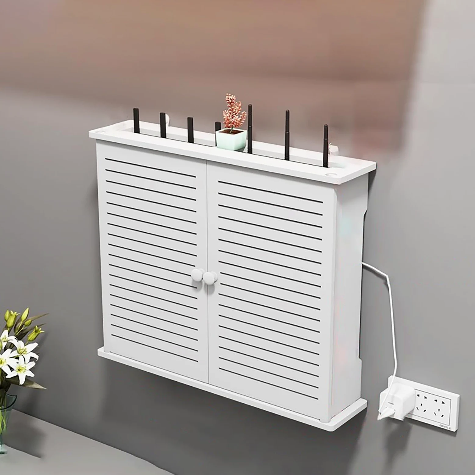 WiFi Router Mensola Montaggio a Parete Nascondere Cavi Scatola con Anta e Ripiano Grande Capacità per Soggiorni Casa e Ufficio.(48x11x40cm)
