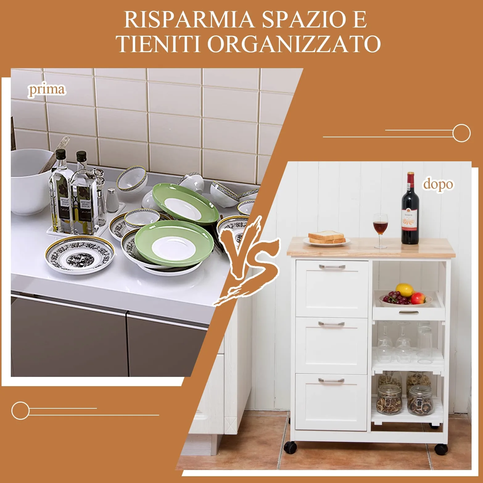 RELAX4LIFE Carrello da Cucina con Ruote Girevoli, Credenza Portaoggetti in Legno Robusto con 3 Cassetti e 3 Ripiani, Carrello di Servizio Pratico e Salvaspazio per Sala da Pranzo (Bianco)