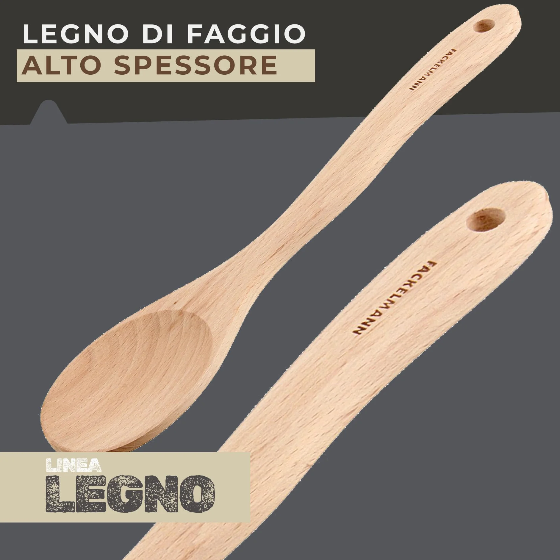 Fackelmann Cucchiaio da cucina in legno di faggio 30 cm per pentole antiaderenti