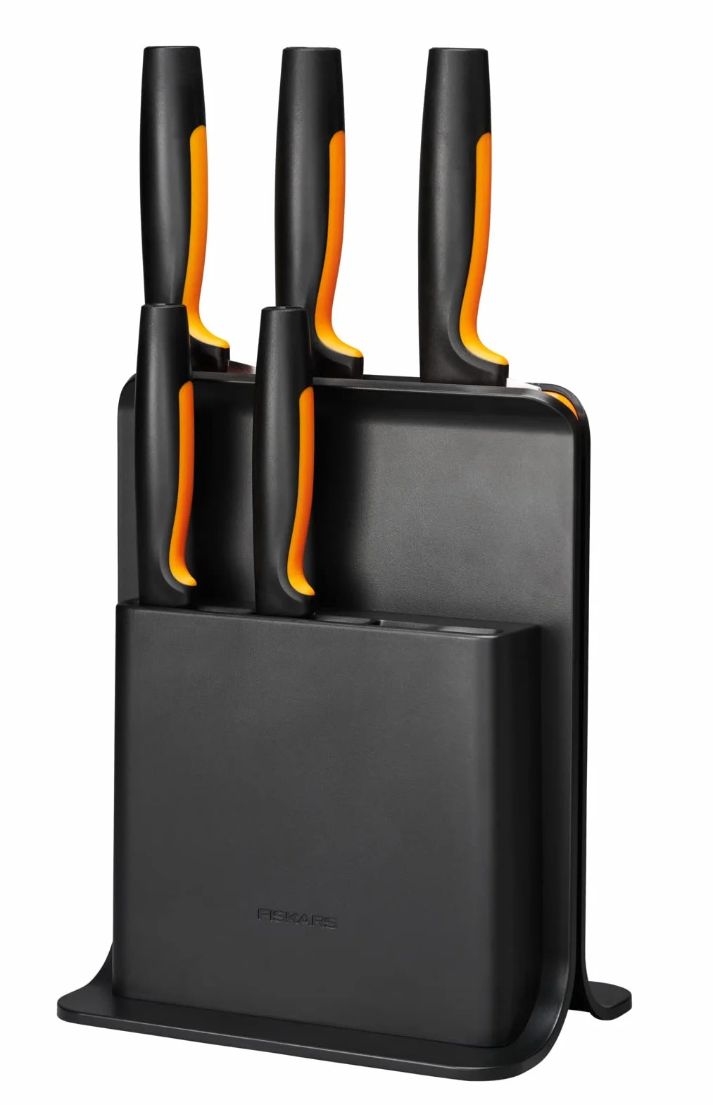Fiskars Ceppo per Coltelli di Design con 5 Coltelli, Functional Form, Incl. Spelucchino, Coltello per Pomodoro, Coltello Santoku, Coltello da Cucina e per Pane, Plastica, Nero, 1057554