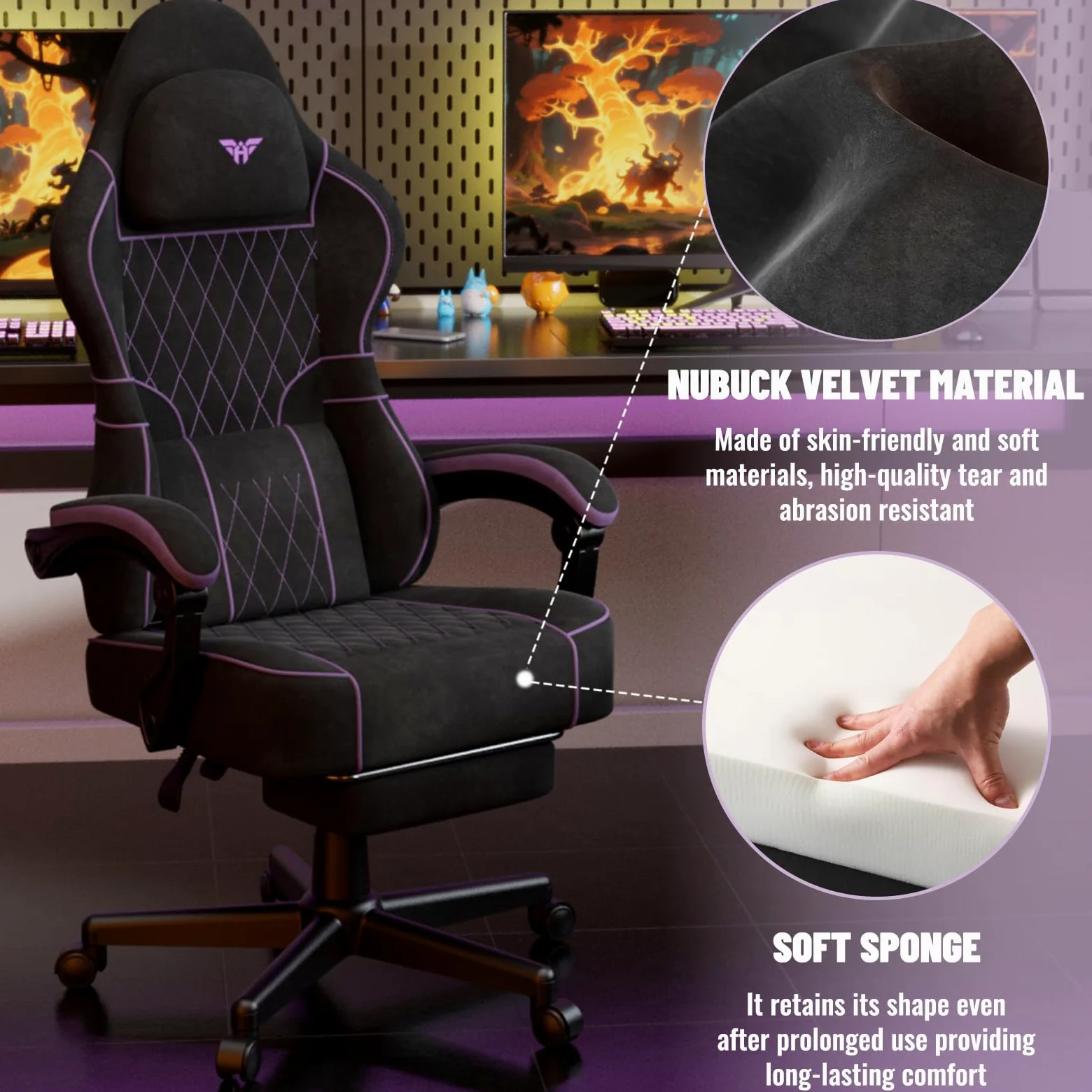 Soontrans Sedia da Gaming con Poggiapiedi, Sedia Gaming Ergonomica con Poggiatesta & Cuscino Lombare Massaggio, Pelle Scamosciata, Sedie Gaming per Youtube Livestreaming Playstation (Nero&Viola)